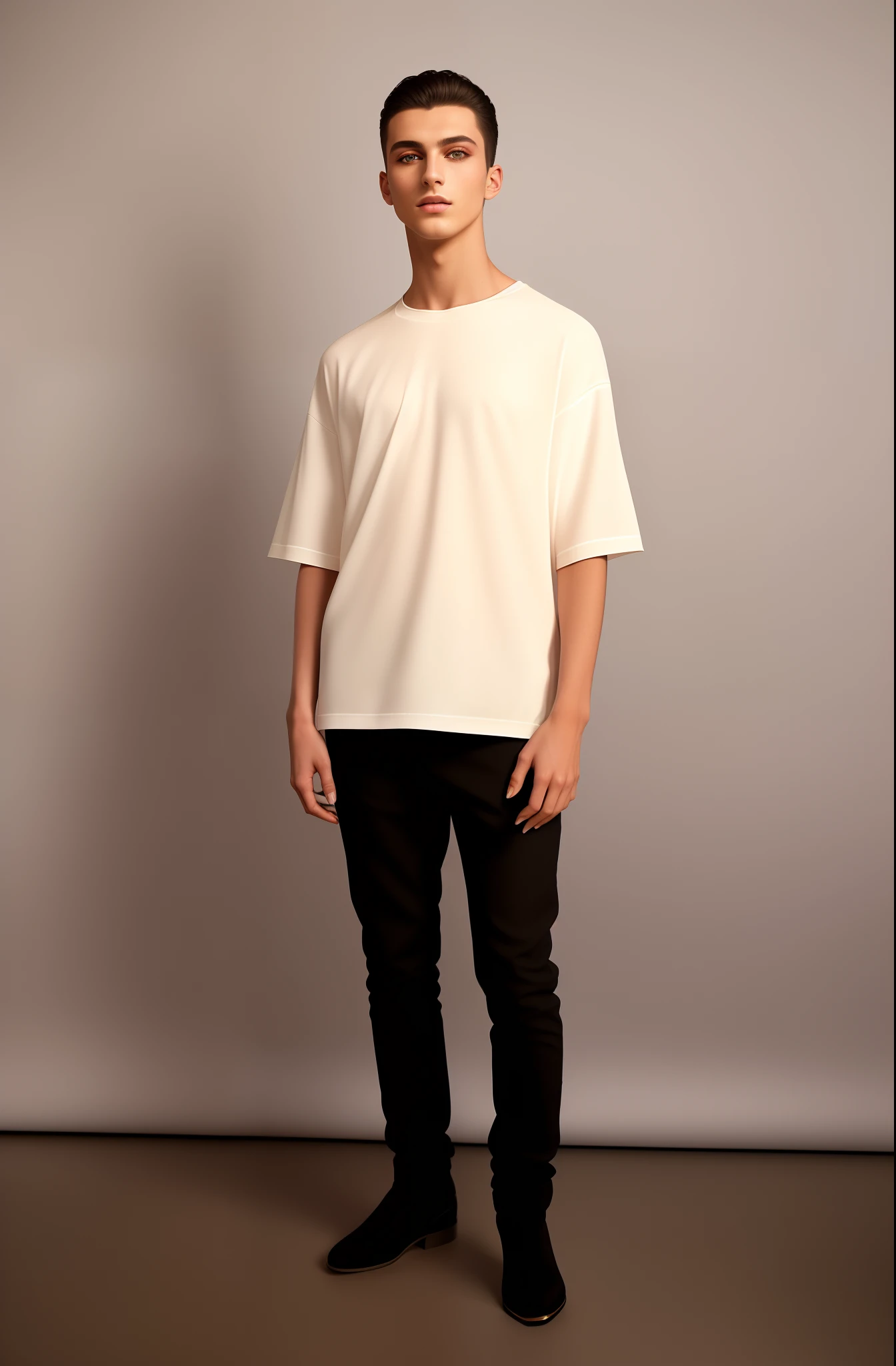 dynamic angle, dynamic shot, (((masterpiece:1 0))), (hyperrealism:1 5), High Detail RAW color Photo, (full body:1 0), Stunning young model, (italian: 0. 3, Celtic, :0. 3, Romanian:1 4), handsom boy, model man, 21 years old, seductive grin, smokey eye shadow, high detail skin, high detail eyes, seductive eyes, smokey makeup, wild dark hair, ((Paris fashion show)), modelling, Summer oversized Collection, stage lighting, photography, bokeh, beautiful dramatic lighting, shallow depth of field, photorealism, volumetric lighting, Ultra HD