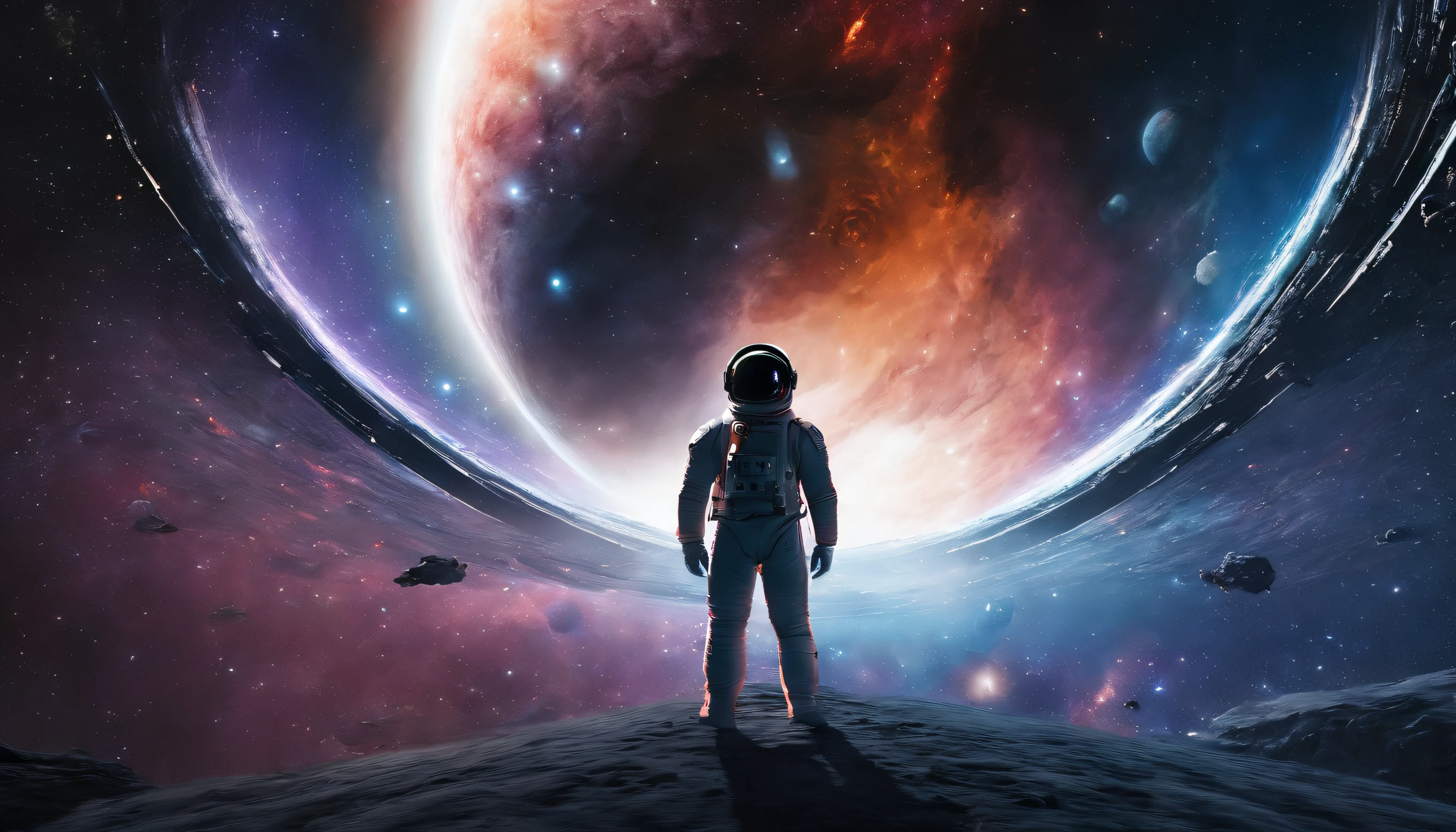 En Interstellar, An astronaut travels through a black hole in an interstellar universe,((Obra maestra)),(La mejor calidad)),Magnificent spatial image scene