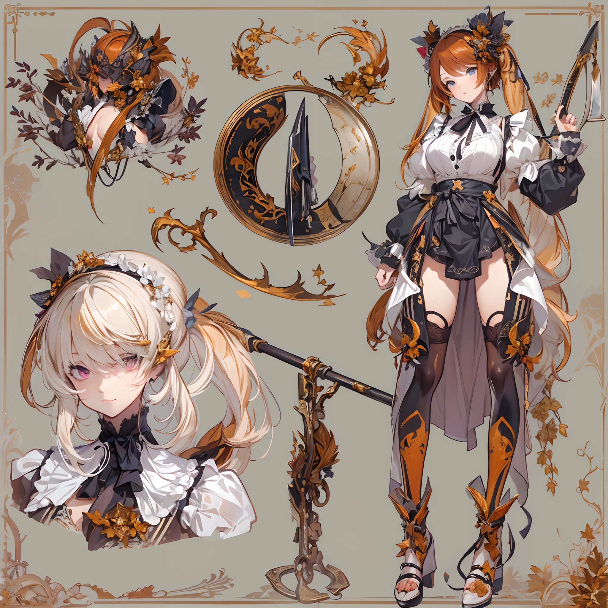 ((Masterpiece, Highest quality)), Detailed face, CharacterDesignSheet， full bodyesbian, Full of details, Multiple poses and expressions, Highly detailed, Depth, Many parts，Beautiful Maid，holding a scythe，shinigami，red colour，double-ponytail，estilo fantasia，Surrounded by flames，Extremely beautiful，High Balance, Natural light, Lace，lacepantyhose，Star decoration