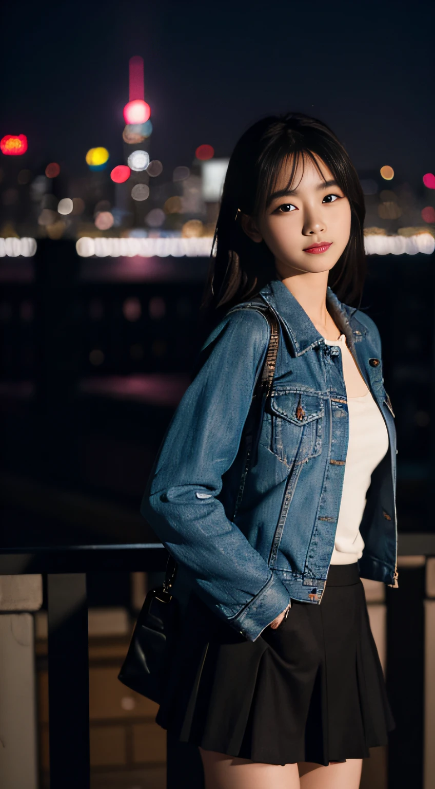 tmasterpiece， best qualtiy， 8k， Super detailed skin， perfect anatomia， 1girll， Skirts and jackets，ssmile， （Xi'an Datang City that Never Sleeps：1.3）， （depth of fields），（The lens glows） ，Sony 7， 35mm， f1.8， physically-based renderingt，