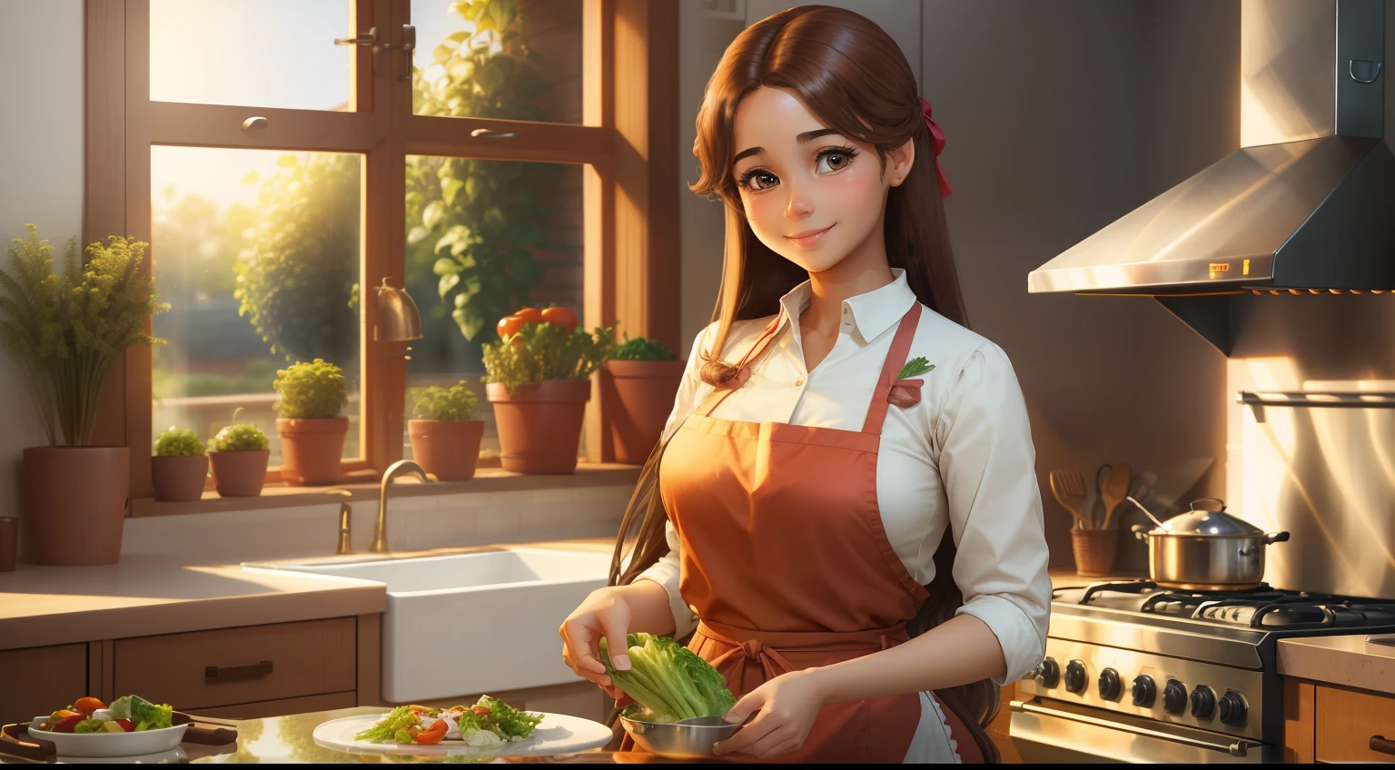 High quality, ultra-realistic, a young pretty women cooking in the kitchen, many vegetables, hair is long and brown, straight hair, big eyes, gentle sweet smile, cheerful, energetic and gentle personality, high collar shirt, prepare western dinner, some plants decoration in the kitchen, soft light from window, cooking western food, steaks and salads on the table