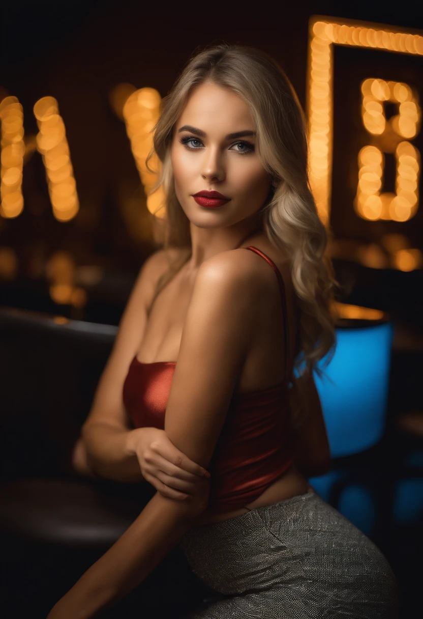 blonde woman with matching tank top and skirt posing at a night club, fille sexy aux yeux bleus, Portrait Sophie Mudd, blur background, best quality, 1girl, Portrait de Corinna Kopf, cheveux blonds et grands yeux, selfie of a young woman, ohne Maquillage, maquillage naturel, Look directly into the camera, Visage avec Artgram, dezentes Maquillage, Superbe photo du corps entier, dans la chambre, Gros seins, Blonde, latina