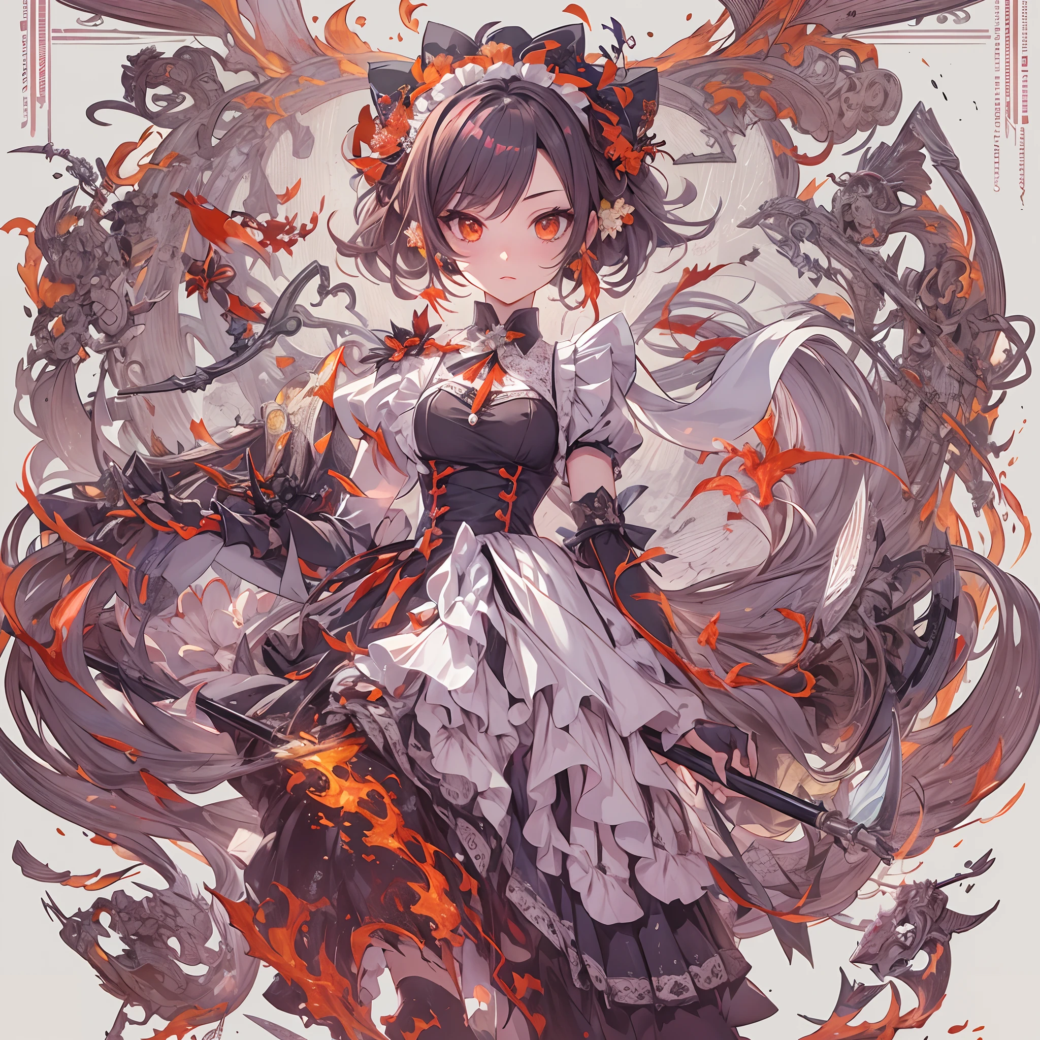 ((Masterpiece, Highest quality)), Detailed face, CharacterDesignSheet， full bodyesbian, Full of details, Multiple poses and expressions, Highly detailed, Depth, Many parts，Beautiful Maid，holding a scythe，shinigami，red colour，double-ponytail，estilo fantasia，Surrounded by flames，Extremely beautiful，High Balance, Natural light, Lace，lacepantyhose，Star decoration