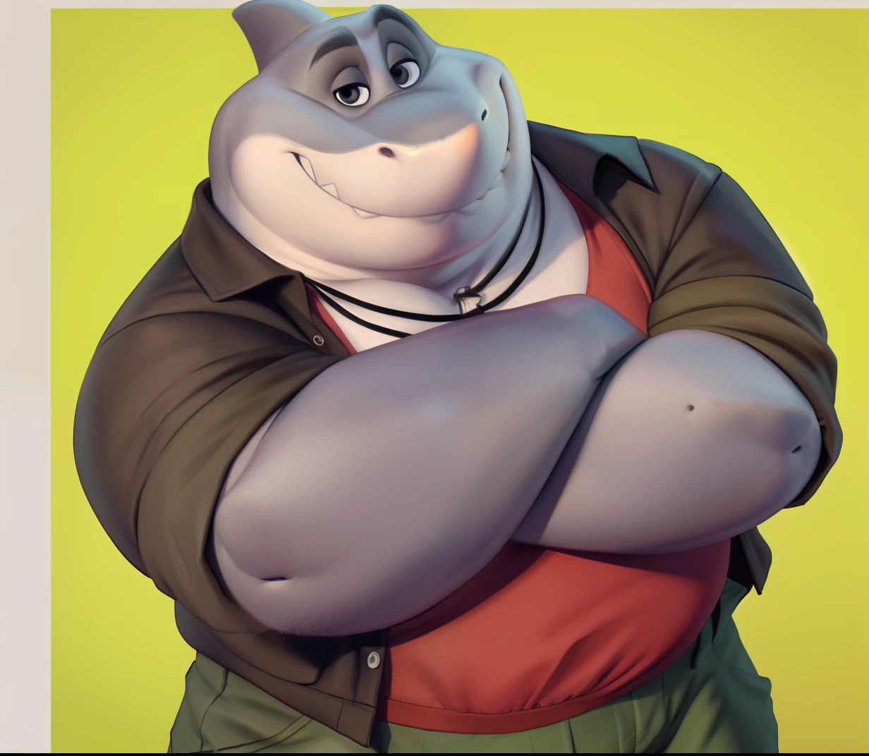 mr shark, plump, fat, belly, black eyes, (pose:1.3), (posing:1.3), (soft shading), 4k, hi res, five fingers, detailed hands, ((detailed face, (detailed eyes:1.0), detailed)), (full body), by zackarry911, by zaush, (by personalami:0.5),  looking at viewer, shirt, 1boy, jacket, male focus, open clothes, pants, red shirt, dog tags, green pants, giant head, huge head, big head