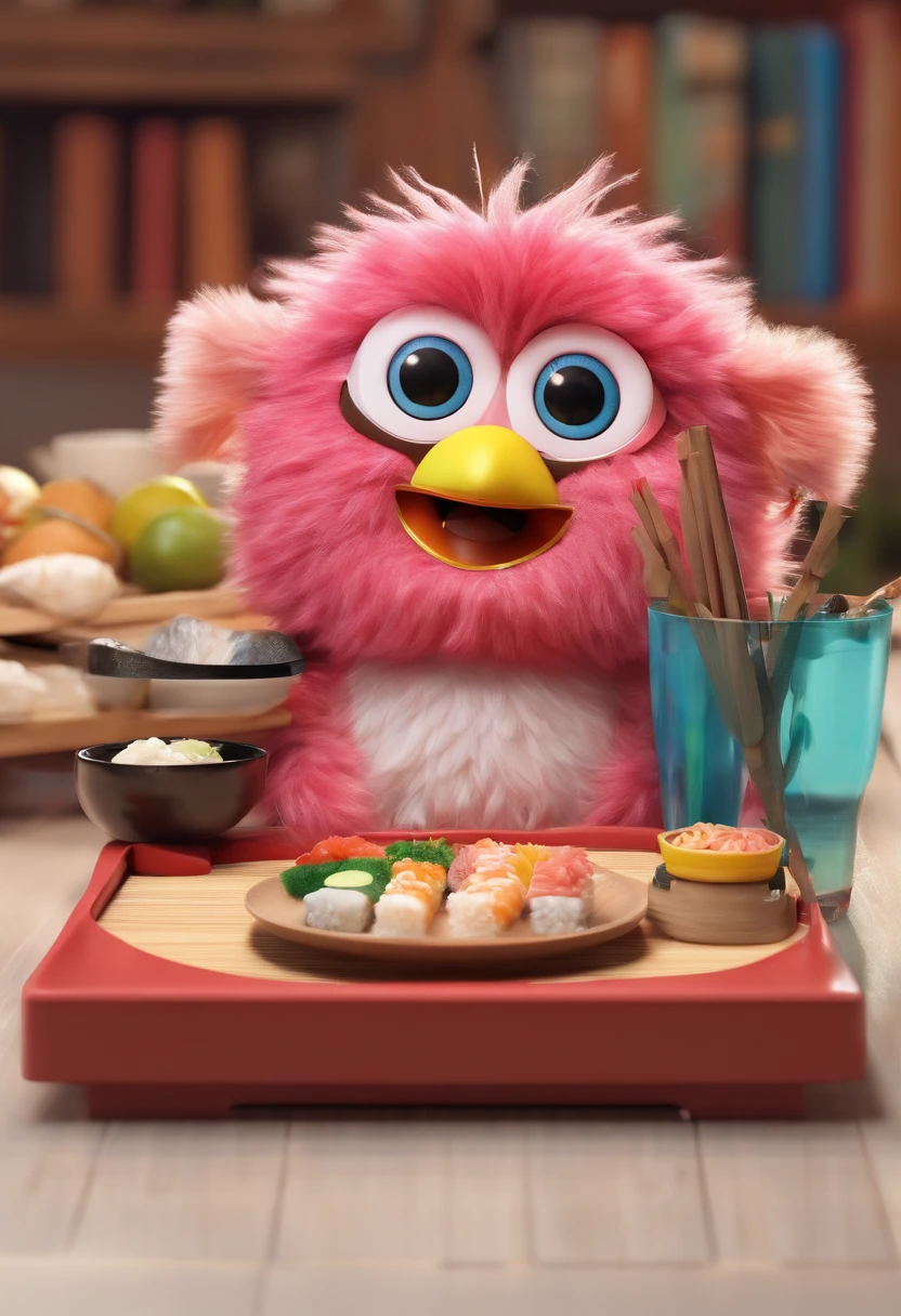 Hairy and strict North Korean Furby eating fresh sushi