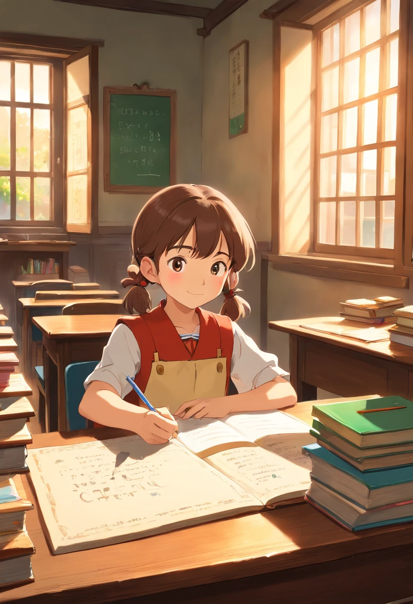 Five-year-old girl in classroom, Study desk,blackboards, book case,Sunlight outside the window