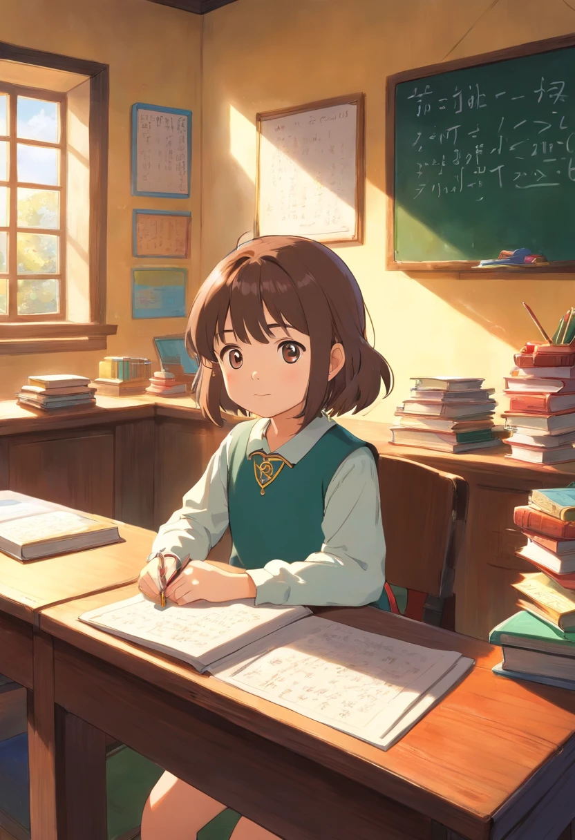 -year girl classroom, Study desk,blackboards, book case,Sunlight outside the window