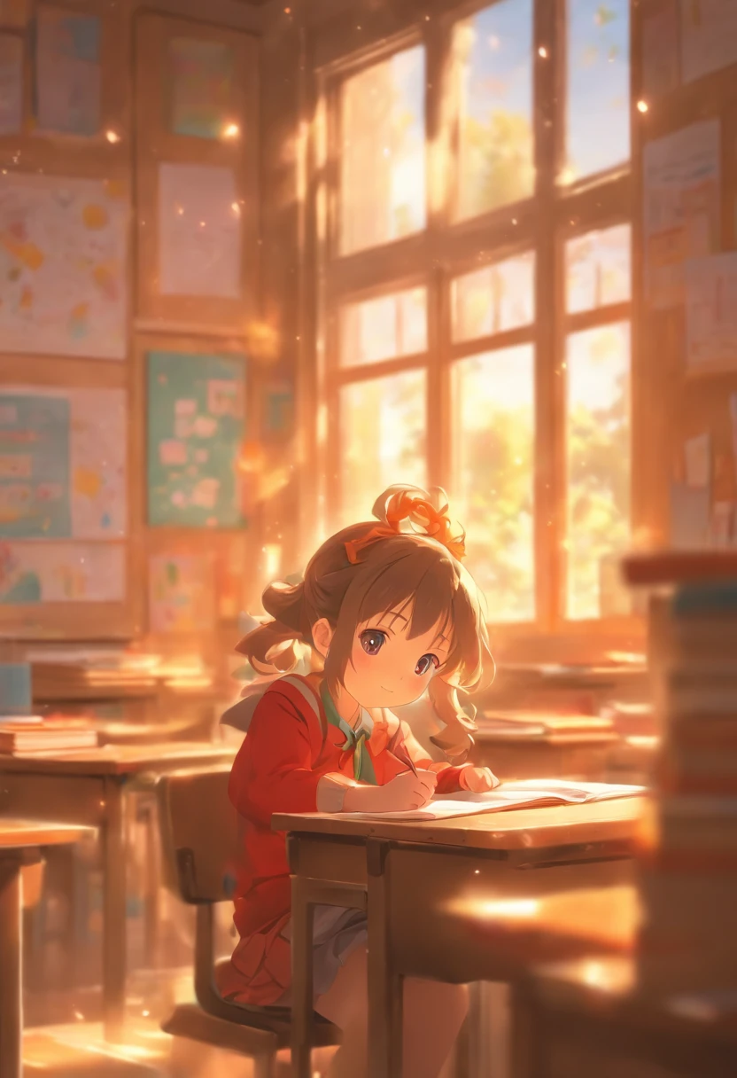 -year girl classroom, Study desk,blackboards, book case,Sunlight outside the window