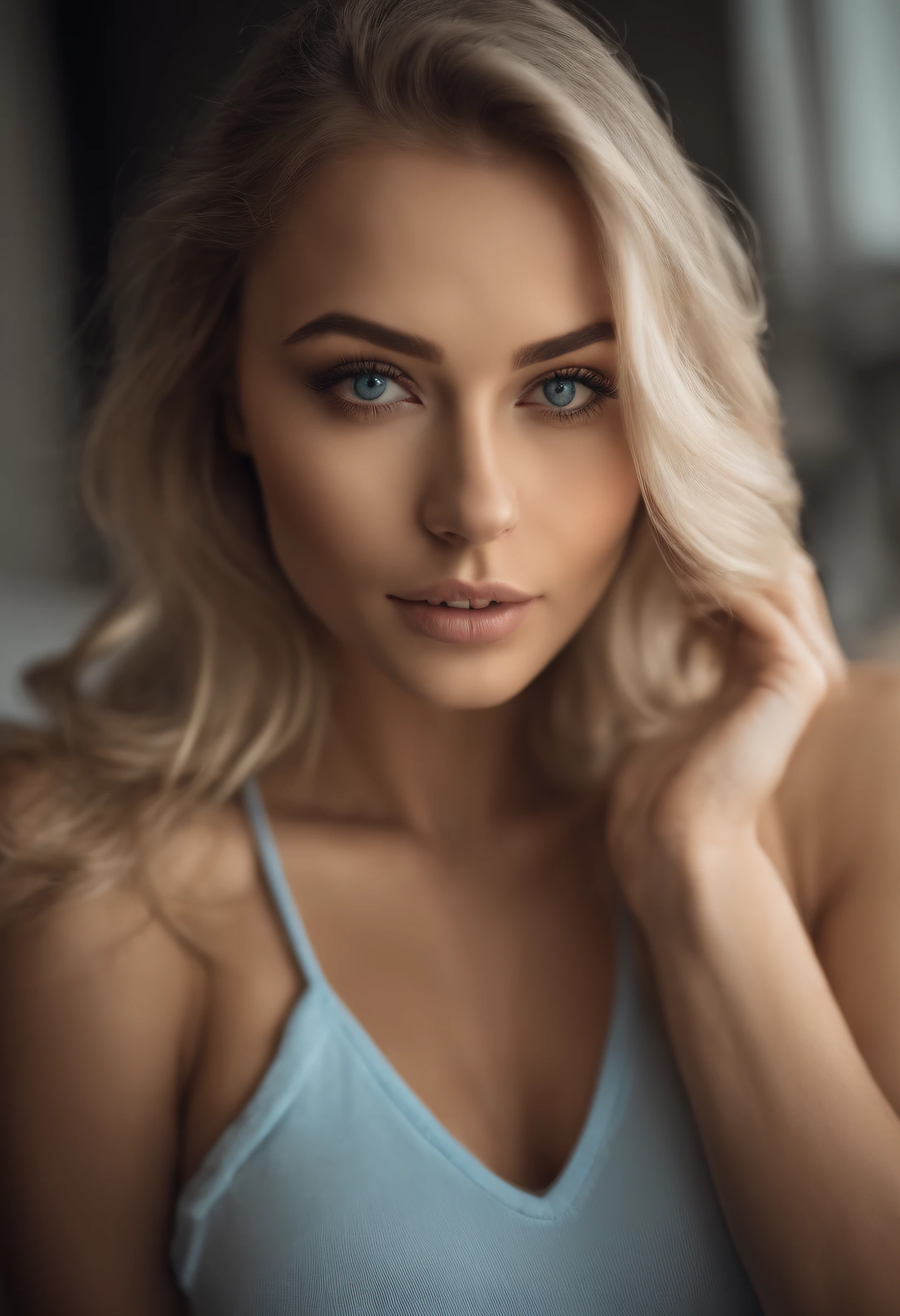 Woman with matching tank top and panties, Sexy girl with blue eyes, portrait sophie mudd, portrait corinna kopf, blonde hair and large eyes, Selfie einer jungen Frau, Augen im club Violet Myers, ohne Make-up, Natural makeup, Blick direkt in die Kamera, Gesicht mit Artgram, dezentes Make-up, Stunning full body shot, im Schlafzimmer, Spaltung