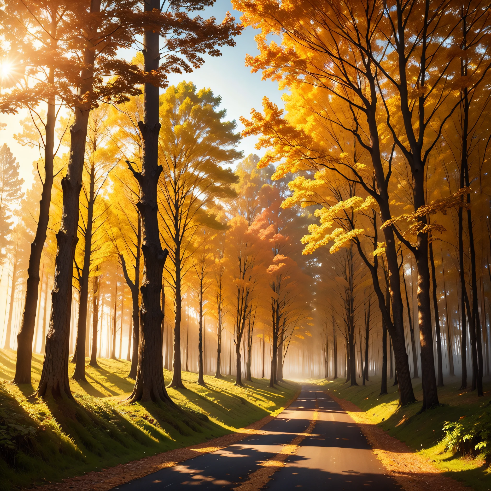 forest in autumn forest, sun, nature, tree, trees, landscape, light, sunlight, park, morning, fog, autumn, wood, summer, woods, path, sunshine, sunrise, sunny, leaf, mist, water, leaves, road, misty