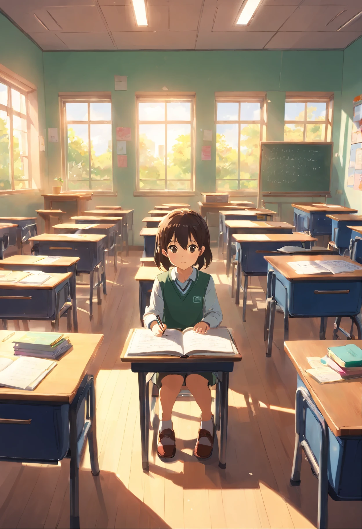 Five-year-old girl in classroom, Study desk,blackboards, book case,Sunlight outside the window