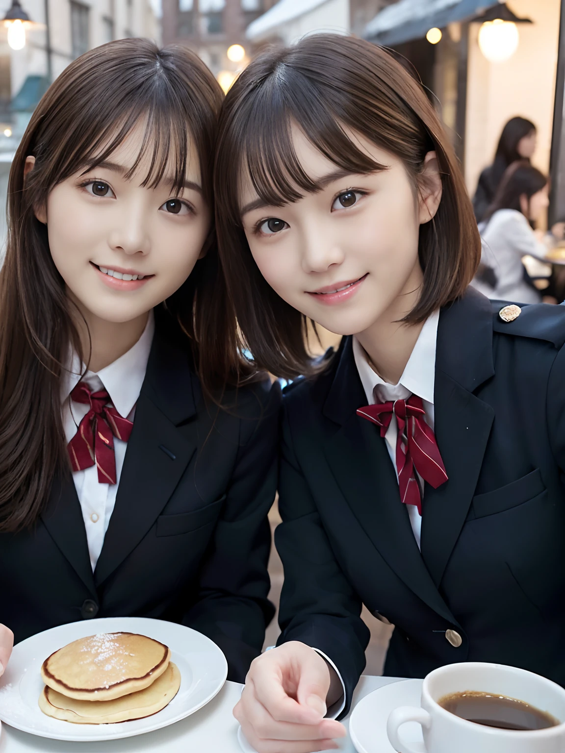 (Close up portrait of two girls with slender small breasts, Girl with long hair with dull bangs in winter blazer uniform, Another girl with short hair in a winter blazer uniform:1.5)、(Two girls eating pancakes with smiles on café terrace:1.5)、(Cafe at night :1.3)、(Perfect Anatomy:1.3)、(complete hands:1.3)、(complete fingers:1.3)、Photorealsitic、Raw photography、masutepiece、top-quality、hight resolution、delicate and pretty、face perfect、Beautiful detailed eyes、Fair skin、Real Human Skin、pores、((thin legs))、(Dark hair)