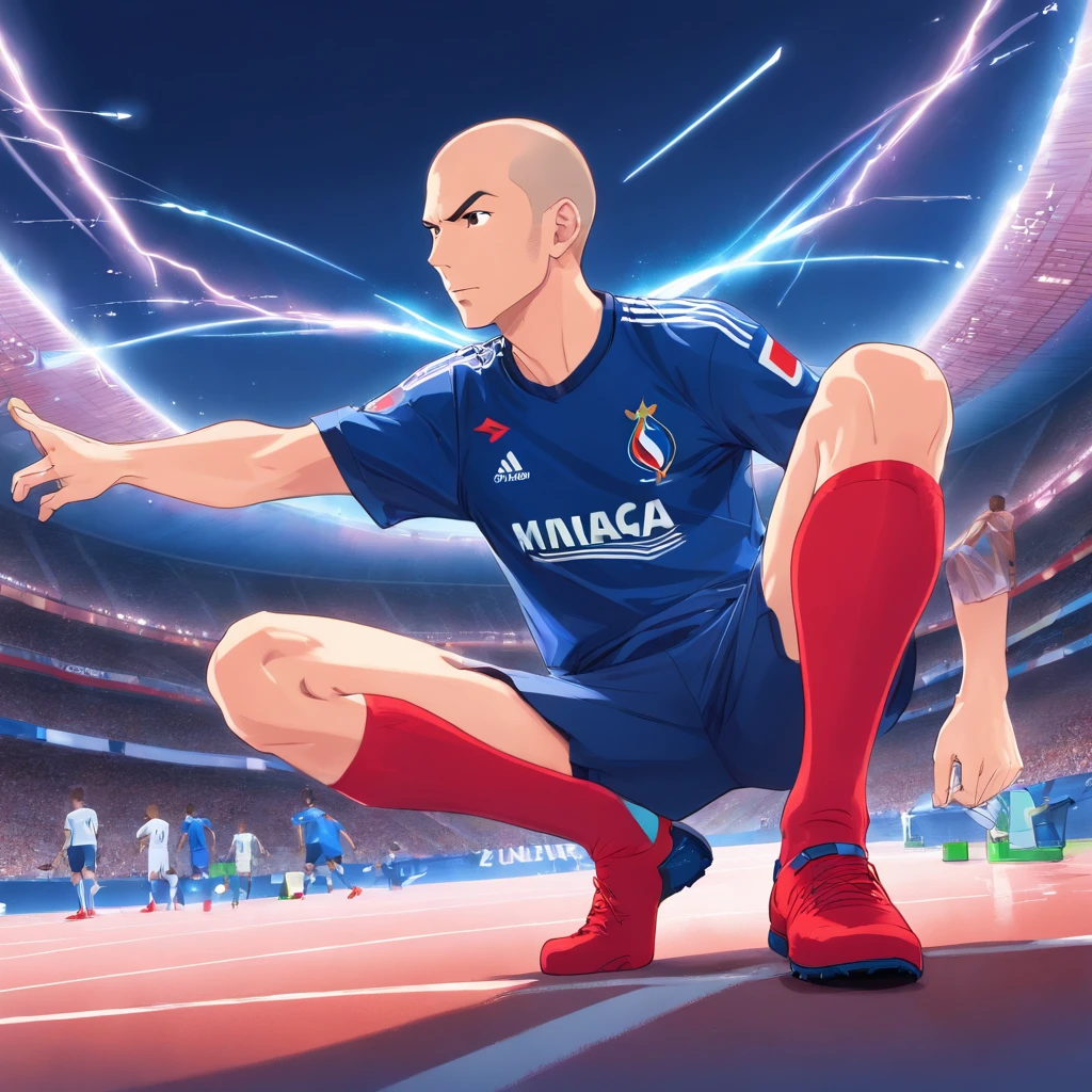 Create an image of Zinedine Zidane in a France shirt. Highlight red socks, and add an arrow pointing at them to emphasize Zidane's superstition.