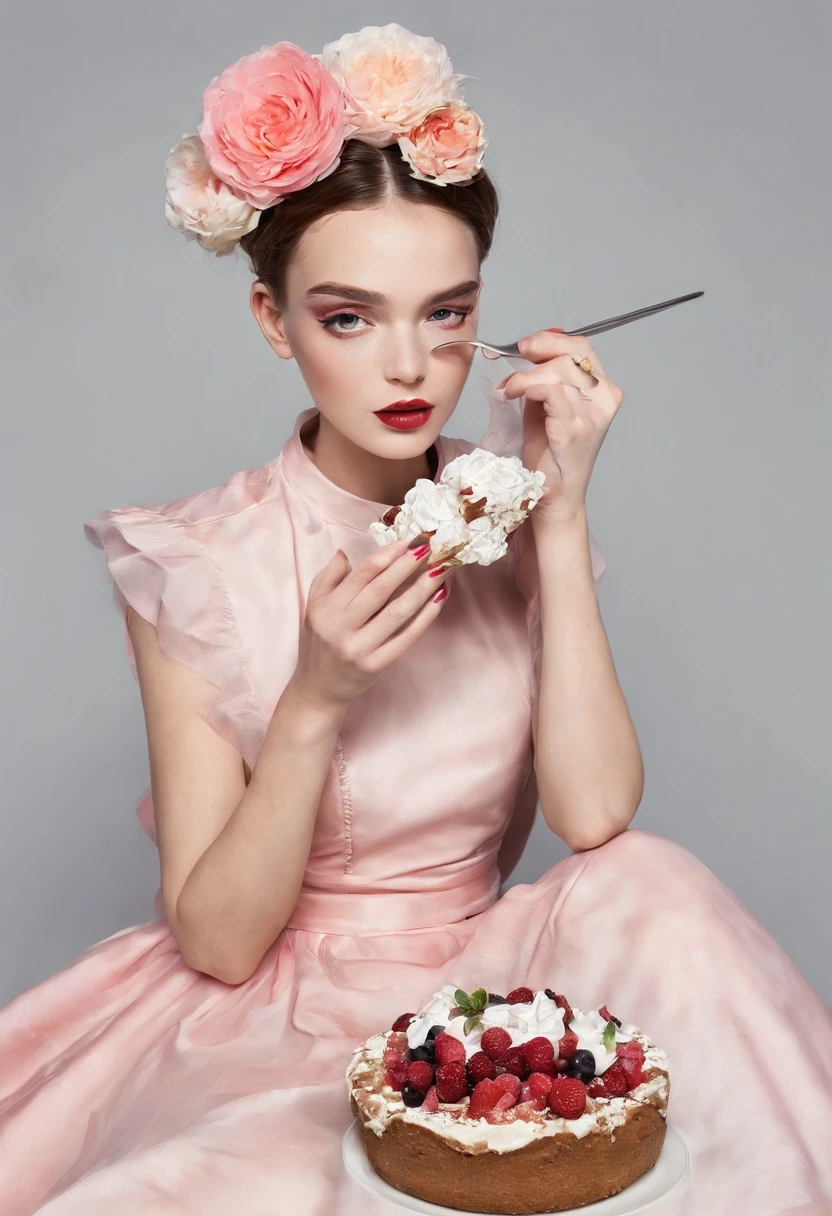 The girl happily eats dessert