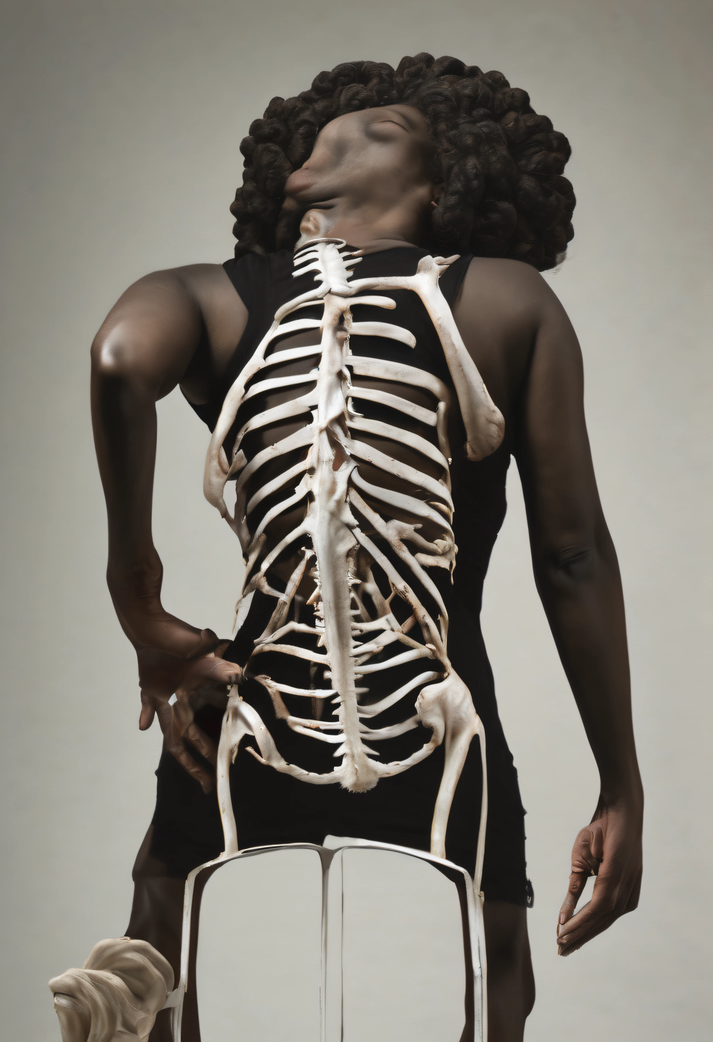 "(The best lighting, alto contraste, oscuro, dramatic),(Chica rubia junto a una cabra negra gigante, Open the rib cage, feto, autopsia, huesos humanos, sangre por las paredes). Luz Caravaggio"