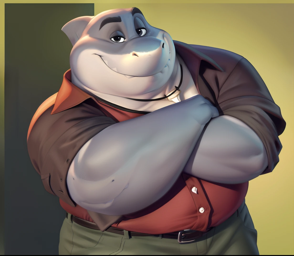 mr shark, plump, fat, belly, black eyes, (pose:1.3), (posing:1.3), (soft shading), 4k, hi res, five fingers, detailed hands, ((detailed face, (detailed eyes:1.0), detailed)), (full body), by zackarry911, by zaush, (by personalami:0.5),  looking at viewer, shirt, 1boy, jacket, male focus, open clothes, pants, red shirt, dog tags, green pants, giant head, huge head, big head