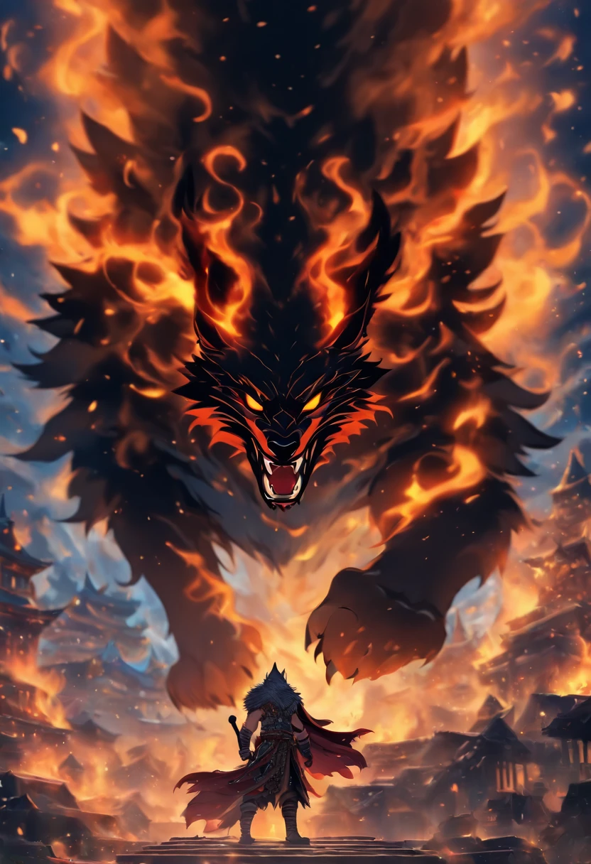 best quality, high resolution, 4K detailed CG, master piece, Fenrir, giant wolf, Ragnarok, wolf, Correntes, olhar de raiva, palace in chamas, , fire, fog, Norse mythology, VIKINGS, beautiful aesthetics, beautiful image, centralized na fabric