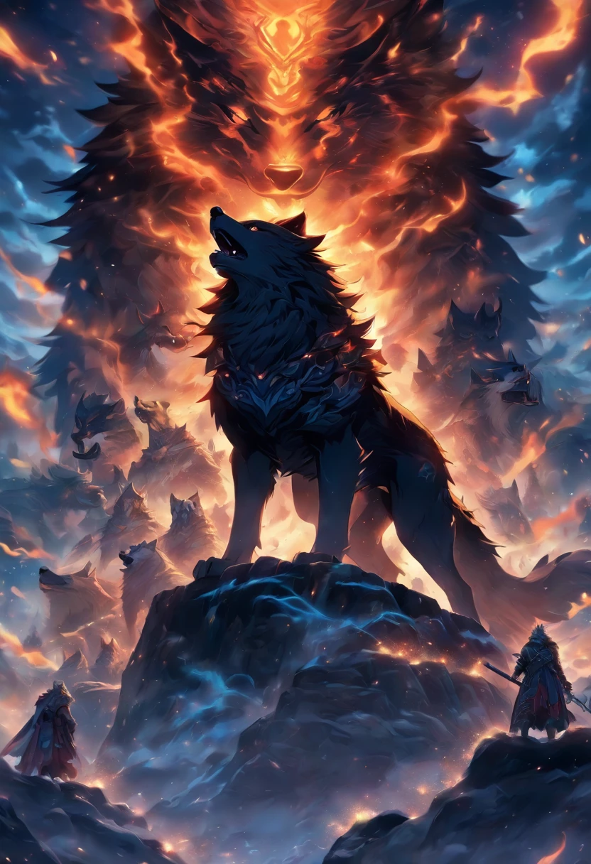 best quality, high resolution, 4K detailed CG, master piece, Fenrir, giant wolf, Ragnarok, wolf, Correntes, olhar de raiva, palace in chamas, , fire, fog, Norse mythology, VIKINGS, beautiful aesthetics, beautiful image, centralized na fabric