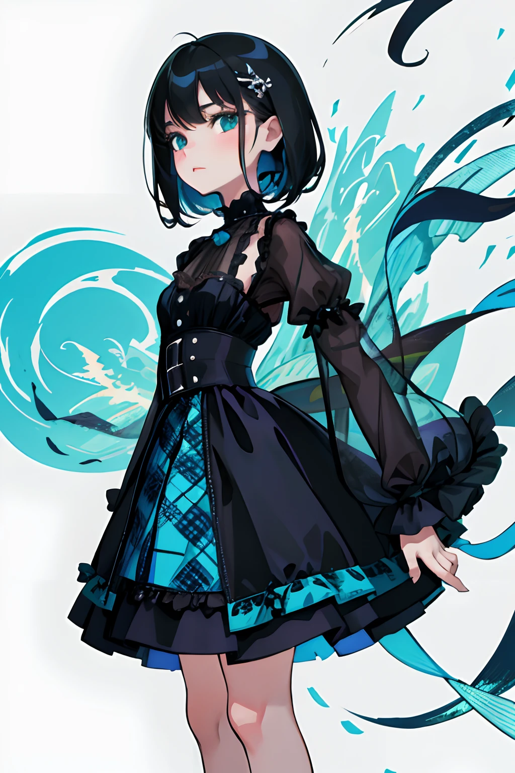 (skirt rift:1.3,Curtsey),(masterpiece,Highest Quality),(child:1.3),Turquoise Goth Spank,long-sleeve,Long skirt with Burberry plaid pattern,Absolute area,(A dark-haired,long),embarrassed from,Delicate body,petite body