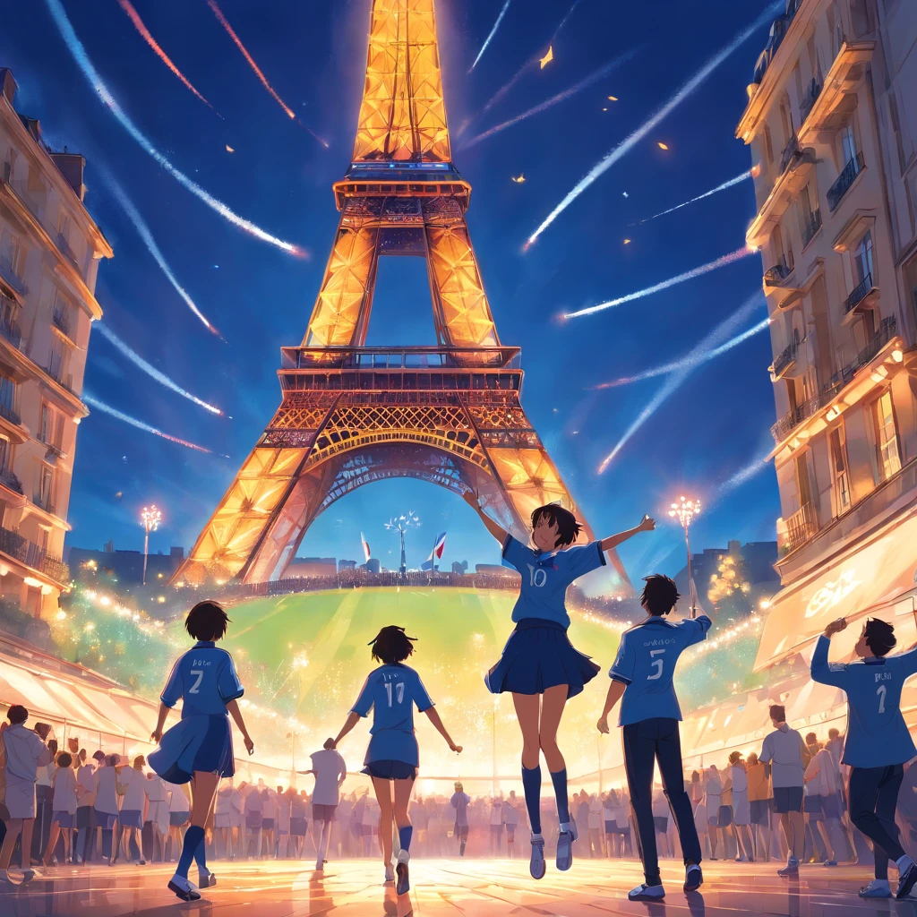 Illustrate the France team celebrating victory in the 1998 World Cup final. Make sure the Eiffel Tower in the background lights up to suggest the secret party that took place there.