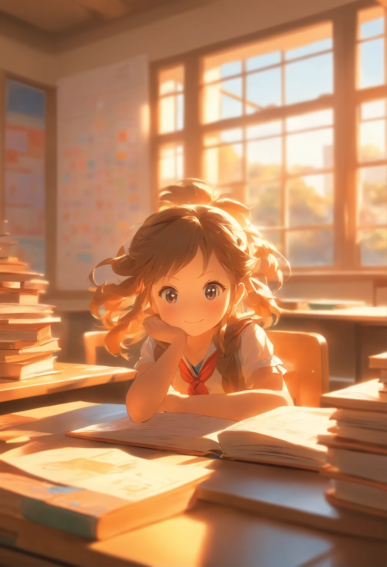 -year girl classroom, Study desk,blackboards, book case,Sunlight outside the window