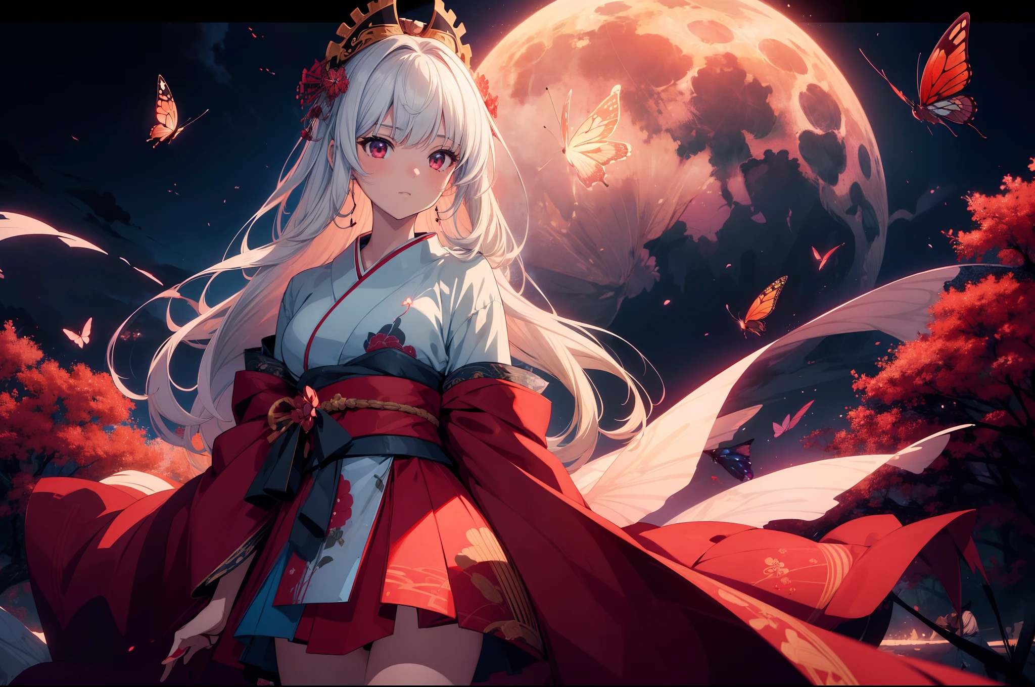 1 girl, wide shot, standing in front of bloody full-moon, cowboy shot,cinematic angle, red kimono, spotlighting, background flock of blue butterflies,high resolution,(incredibly absurdres),anime visual,extremely detailed CG unity 8k wallpaper, ((masterpiece)), ((top-quality)), (beautiful illustration), ((an extremely delicate and beautiful))