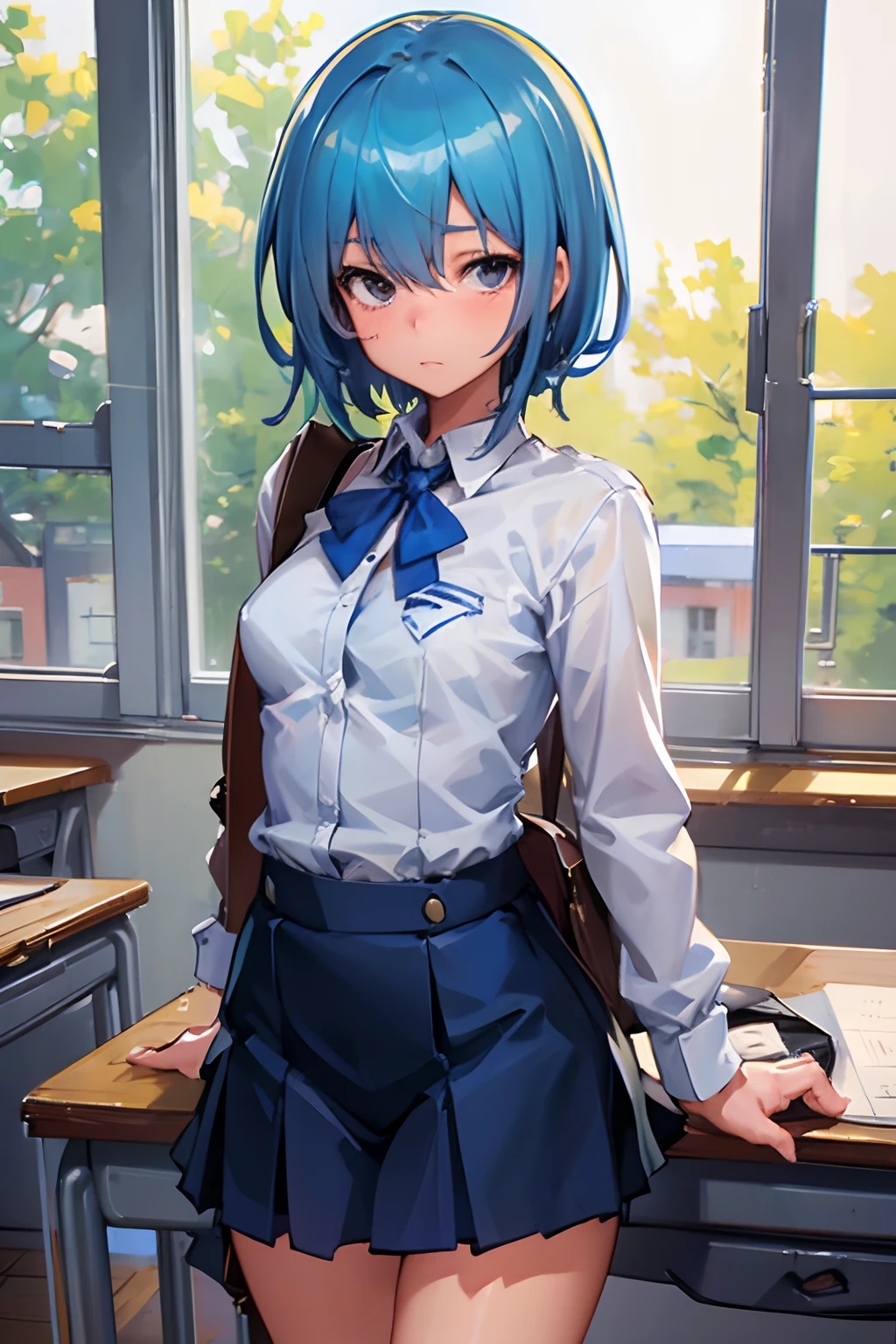 1girl, blue hair, slender, small breasts, ((schoolgirl, face portrait)), masterpiece, high resolution, high quality, 8k, artstation, best quality, classroom, sunny, cozy