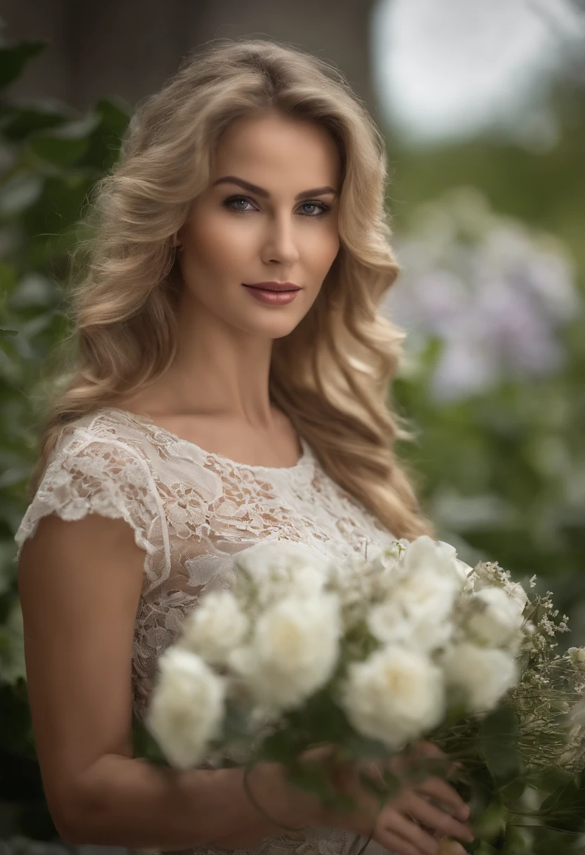 1 beautiful girl, (Realistic:1.3) (full bodyesbian:1.3), standing photo, Stand in front of the blue lake, White wedding dress, Soft dress, blond hairbl, Blue eyes, Wavy hair, Masterpiece, diffused soft lighting, Portrait, Best quality (Perfect face:1.4), Ultra-realistic Highly detailed, Complex and realistic simulation style photos, Cinematic lighting, studio shoot, Elegant Pose