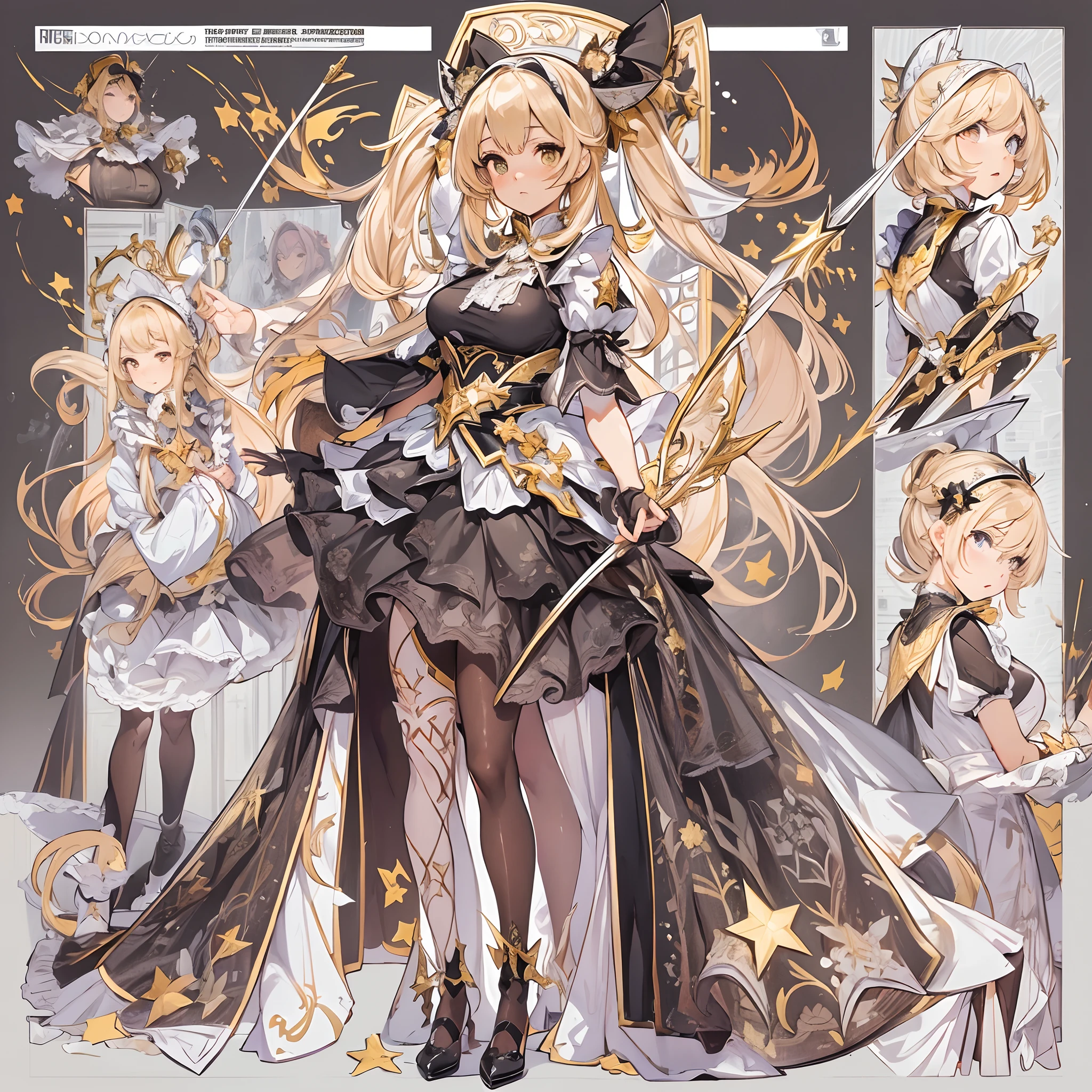 ((Masterpiece, Highest quality)), Detailed face, CharacterDesignSheet, full bodyesbian, Full of details, Multiple poses and expressions, Highly detailed, Depth, Many parts,Beautiful Maid,Holding a shield,double-ponytail,estilo fantasia,Orange caramel,Extremely beautiful,High Balance, Natural light, Lace,lacepantyhose,Sunny décor,Star decoration