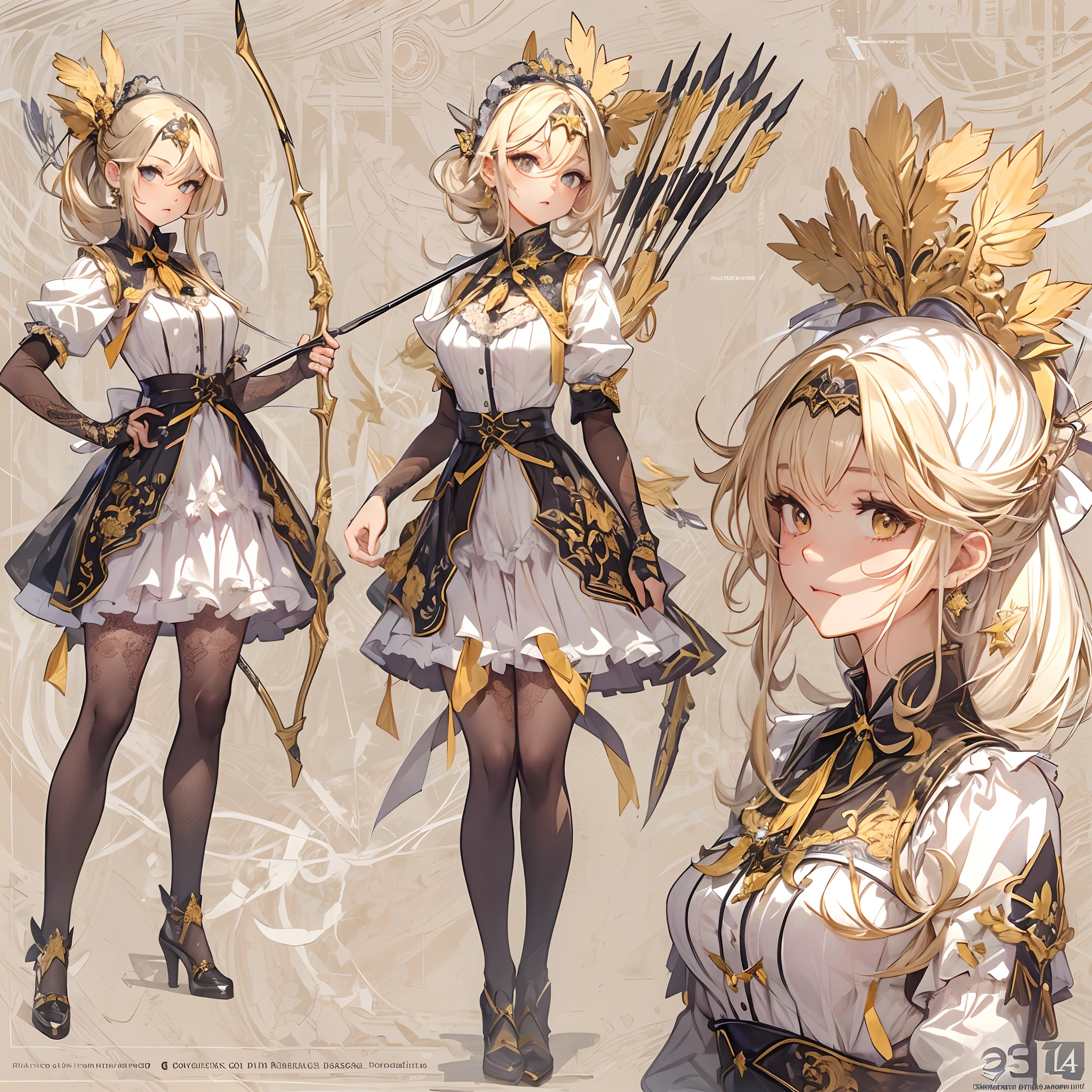 ((Masterpiece, Highest quality)), Detailed face, CharacterDesignSheet， full bodyesbian, Full of details, Multiple poses and expressions, Highly detailed, Depth, Many parts，Beautiful Maid，Armed with a bow and arrow，golden colored，double-ponytail，estilo fantasia，Surrounded by flames，Extremely beautiful，High Balance, Natural light, Lace，lacepantyhose，Star decoration