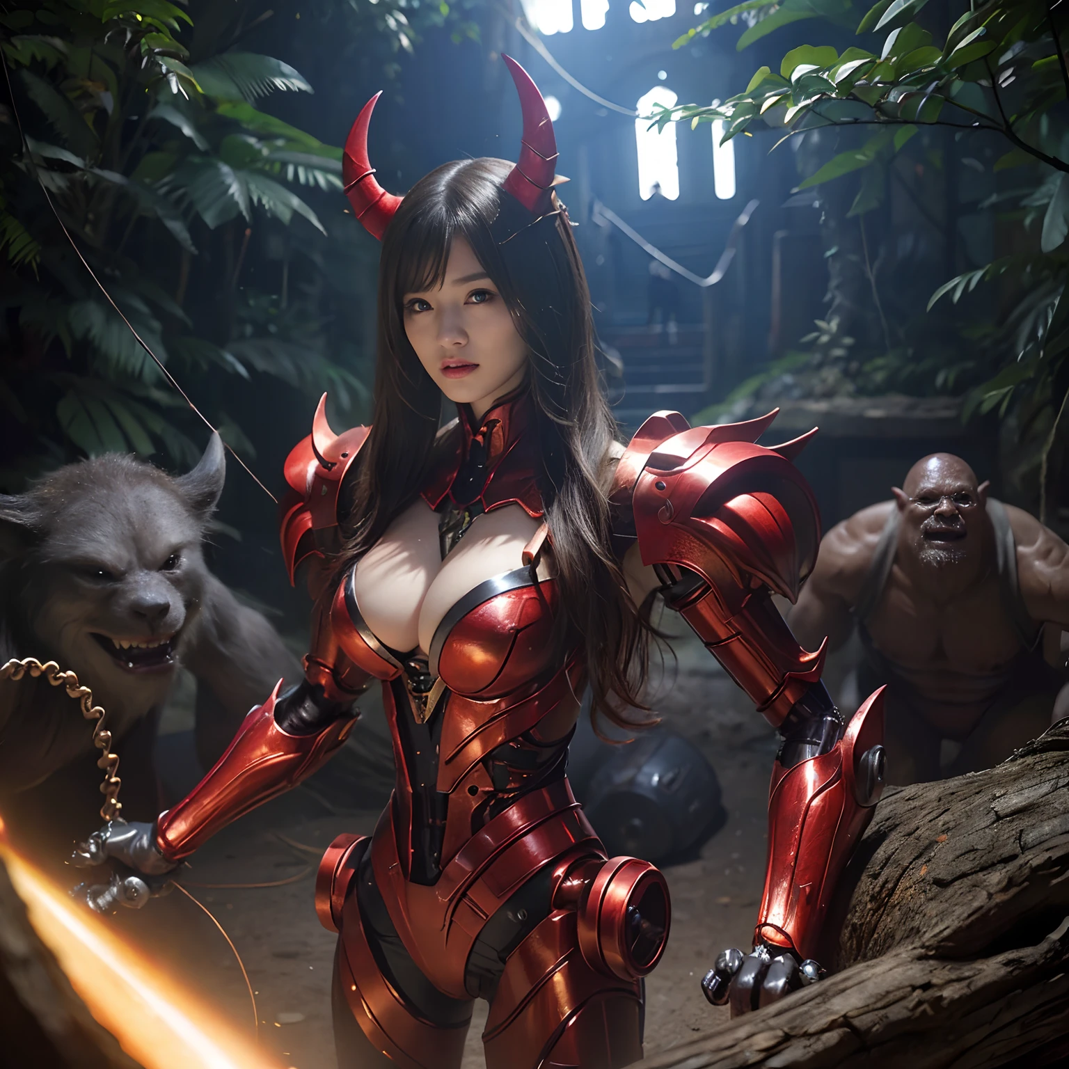 (1 Mechanical Girl)、top-quality、​masterpiece、超A high resolution、(Photorealsitic:1.4)、Raw photo、女の子1人、Fight mutants、glowy skin、(((1 Mechanical Girl)))、With a beautiful knife、（Yellow Metal Bodysuit）、(Kobold、ogre、Fierce battle with orcs),（Fight fiercely against aliens）、Fight fiercely、(beautiful forest background)、(Fighting Demonic Beasts)、(Small LED)、((super realistic details))、portlate、(Strong giant demon beast background),globalillumination、Shadow、octan render、8K、ultrasharp、Colossal tits、Raw skin is exposed in cleavage、metals、Details of complex ornaments、Japan details、highly intricate detail、Realistic light、(Mystical expression),CGSoation Trends、Red Eyes、radiant eyes、Facing the camera、neon details、(Mechanical limbs)、(blood vessels connected to tubes)、Mechanical vertebrae attached to the back、mechanical cervical attaching to neck、(Wires and cables connecting to the head)、Gundam、Small LED、,Mechanical thighs、Toostock、（Hands are also made of machines）、（Attack of the Monster Beasts）、（Wounded in a deadly battle）、
