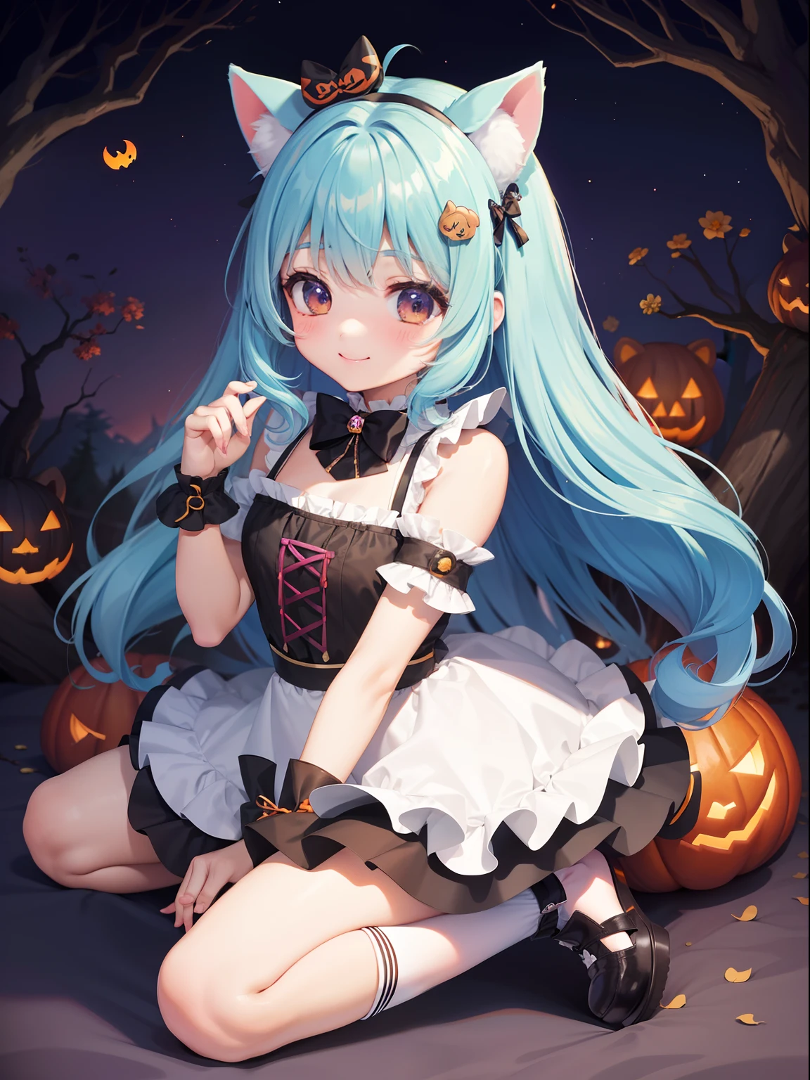 Chibichara Halloween Scenery Forest Bear、Hareful、Halloween party with squirrels long hair with blue hair((Chibi Chara))、Twin-tailed、A charming smile、Fluffy、girl with、Chibi Chara、Subbear、Hareful、squirrel、full body Esbian、Pastel colors hair、masutepiece、top-quality、