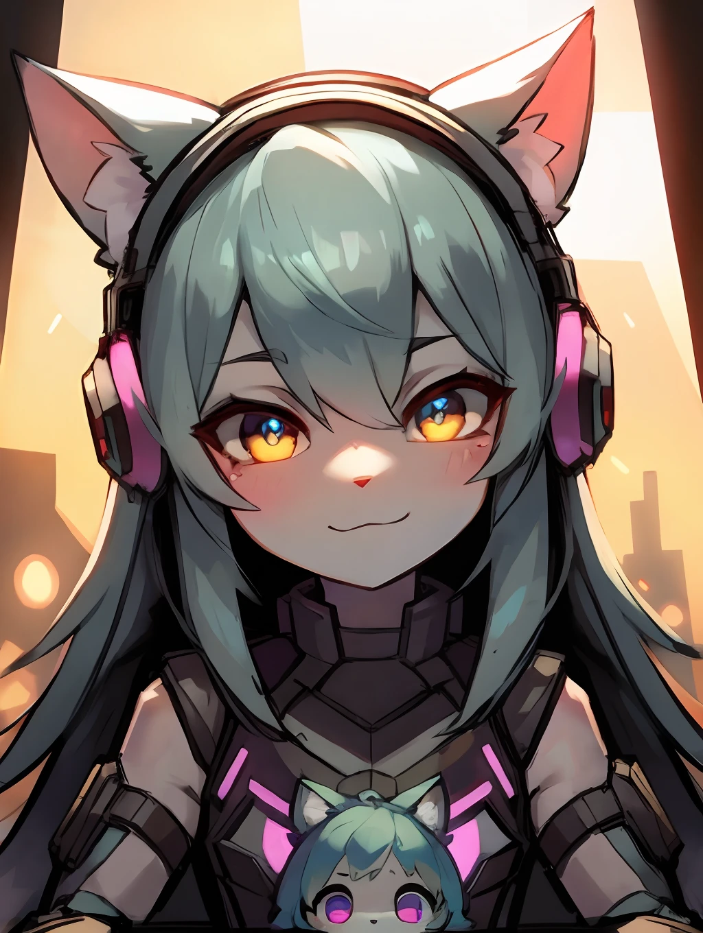 Cyberpunk girl with pink long hair,Q version,(toddlers,Baby), adolable, cyberpunked, Cat Ear Headphones、Master masterpieces, hight resolution,8K,detailedbackground,hightquality,(((独奏))),looking at viewert,angle of view,From above,Dreams,Magical,baiyun,(Warm light source:1.2),Light steppe、Cyberpunk costumes、Cute Cyberpunk Girl