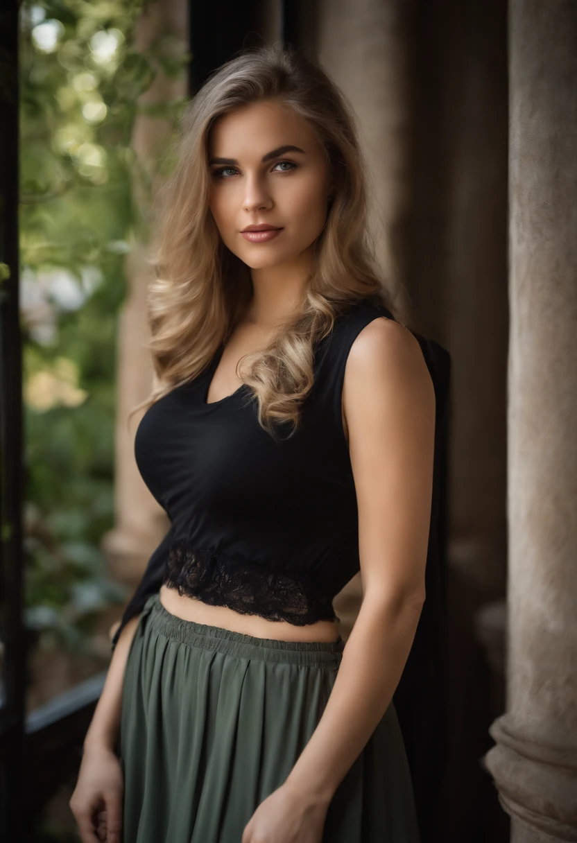 Professionell, (4k-Foto:1.1) (Scharfer Fokus:1.3), Hohe Detailgenauigkeit, tragend (enges Hemd:1.2), beautiful detailed face,18 year old girl with long dark blonde hair looking at the camera, Panasonic Lumix S Pro 50mm F/1.4, , fotorealistisch, (attraktive junge frau:1.3), (seductive:1.1), (flush:1.1), Hourglass Body Shape, big natural breasts, T-Oberteil
