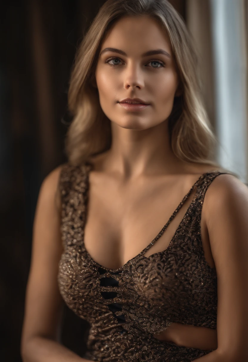 Professionell, (4k-Foto:1.1) (Scharfer Fokus:1.3), Hohe Detailgenauigkeit, tragend (enges Hemd:1.2), beautiful detailed face,18 year old girl with long dark blonde hair looking at the camera, Panasonic Lumix S Pro 50mm F/1.4, , fotorealistisch, (attraktive junge frau:1.3), (seductive:1.1), (flush:1.1), Hourglass Body Shape, big natural breasts, T-Oberteil