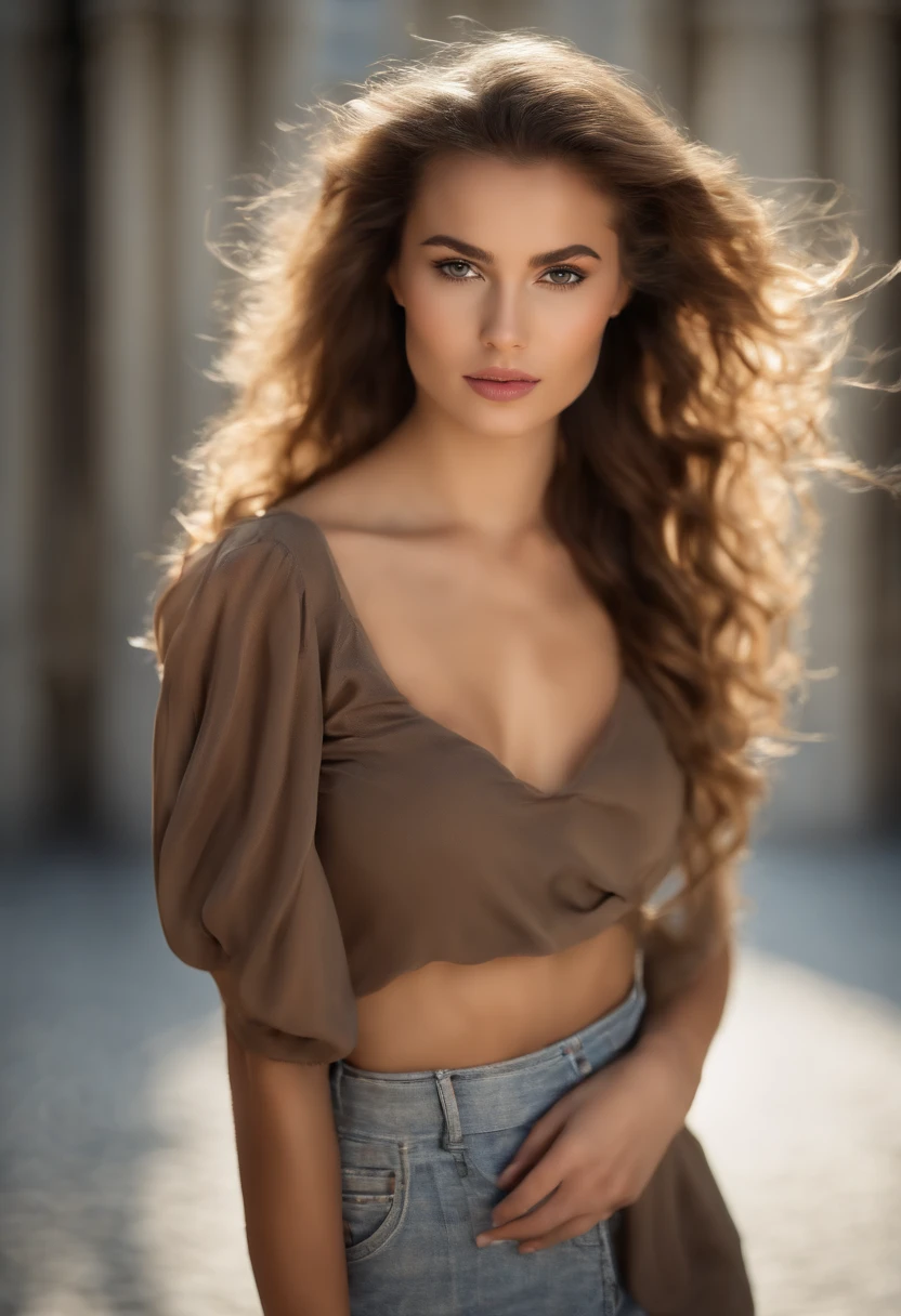 face, long_hair, gorgeous, girl, cleavage, western, jacket, hot girl, smiling, (highly detailed skin, full sharp: 1.2)