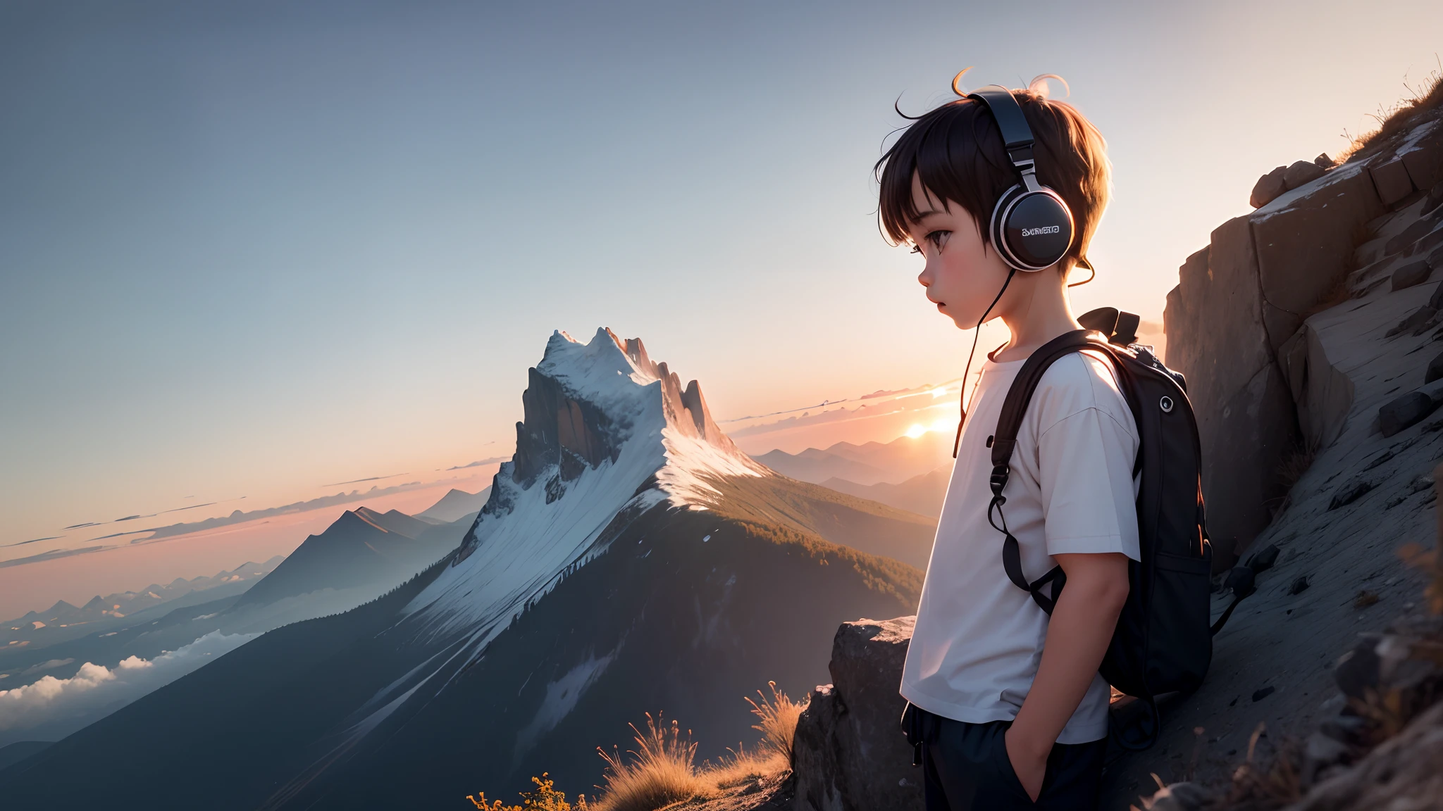  with headphone stand on mountain use sunset in white shirt boy