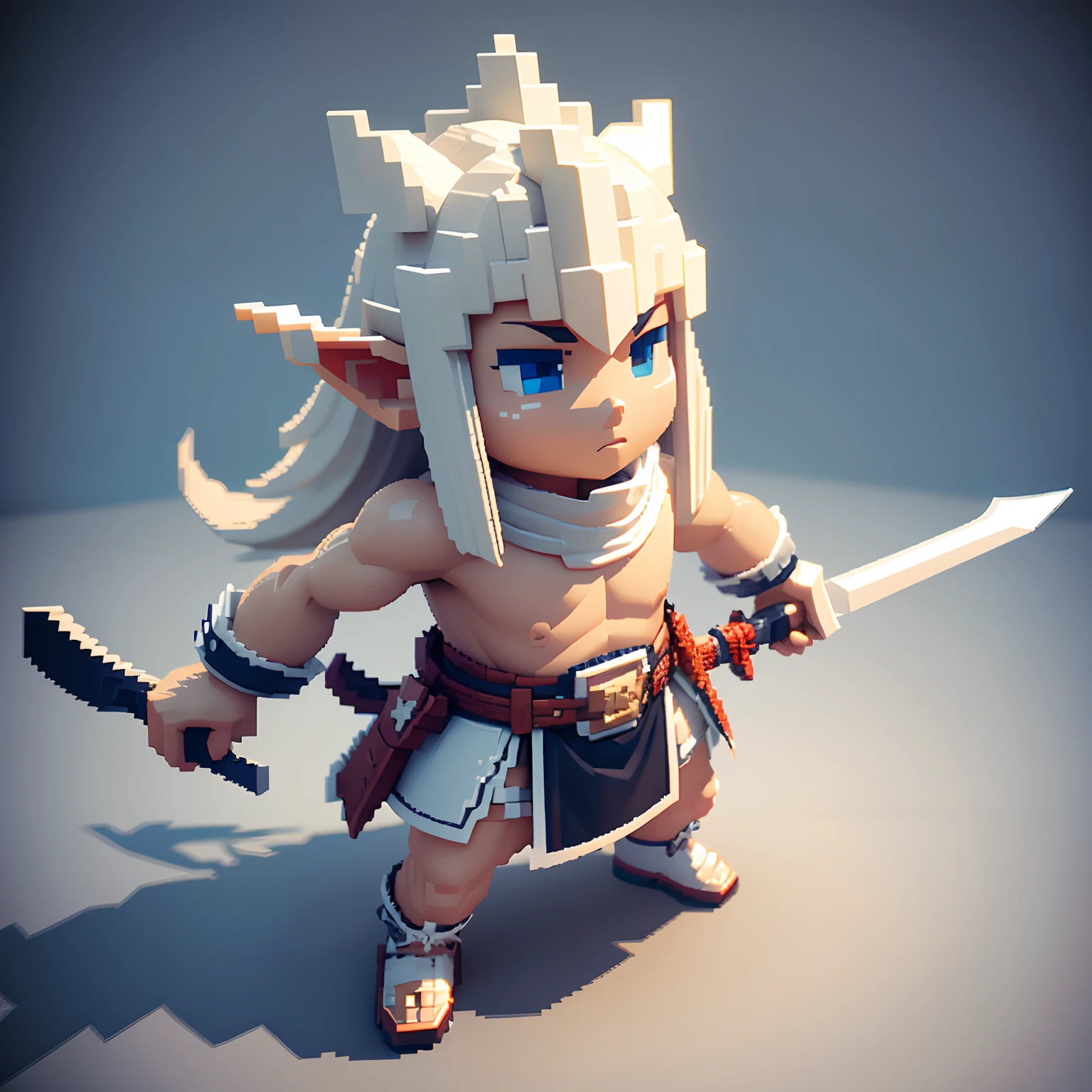 Voxels,(3D Big Pixel Art), (3D Pixel Art),White background,Large pixels,(3DPixel art),The character has a peculiar pose, Elven samurai man with a longsword, (3D Pixel Art)
