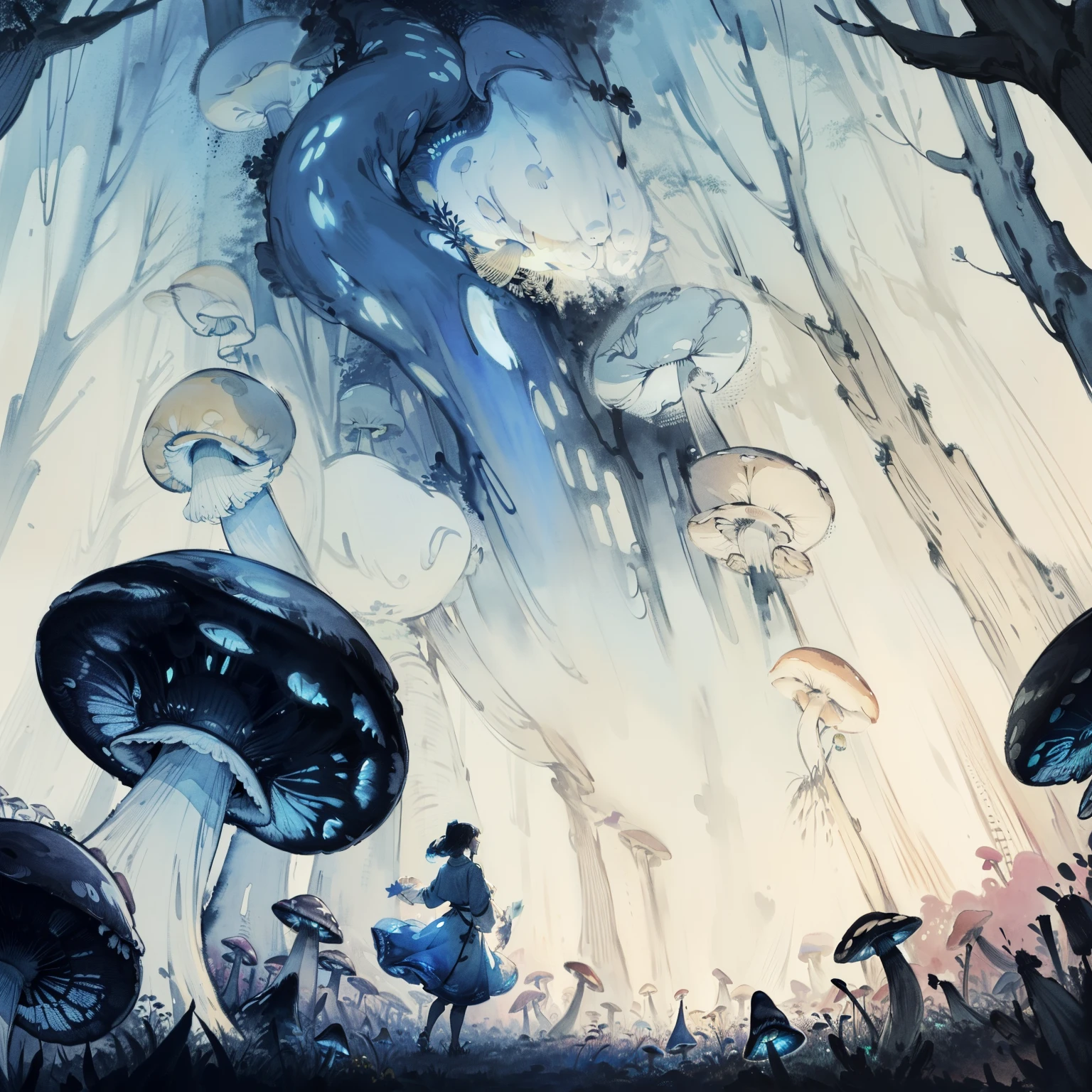 Beautiful and aesthetic,, Solo,,Dance,Cogumelos,Mushrooms,Huge mushrooms,spore,(glowing ambiance, enchanting glow, luminouslighting, Ethereal atmosphere,Watercolor illustration, Perfect anatomy, Masterpiece, Best quality, , Nature, landscape