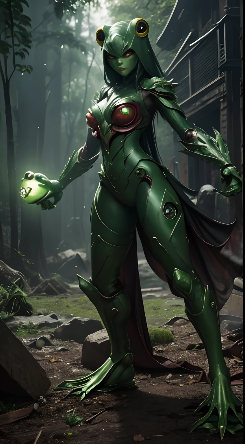Iron creatures pounce, Frog Woman、(Femininity:1.5)、Green body、Full body,Animal anthropomorphism, red eyes、cruel、Realistic Digital, Humanoid、Convoluted, epicd, Dramatic, masutepiece, high detailing, Best Quality, 超A high resolution、Horror movie lighting