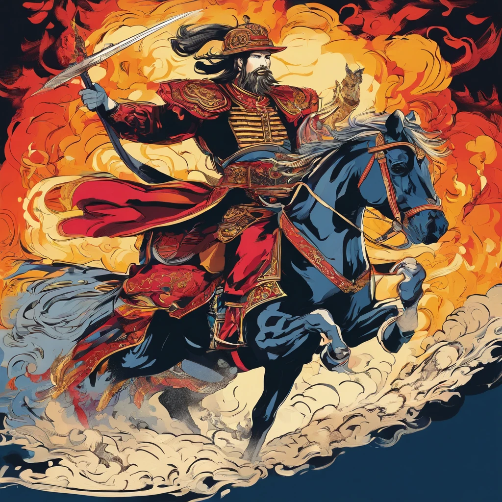 Ancient generals rode horses , Delicate facial features are powerful , Surrounded by flames , wielding a long halberd , surrounded by aura , Splash , ultra-wide-angle , High perspective , Looking up , Cinema lenses , dynamic movements , Expressive , Vivid , Vivid , Vivid , Amazing epic ancient Chinese theme , Virtual vs. real , Chiaroscuro , Surrounded by smoke , Thick coated acrylic illustration , Hand drawn illustration anime sketch hand drawn style Clean line art