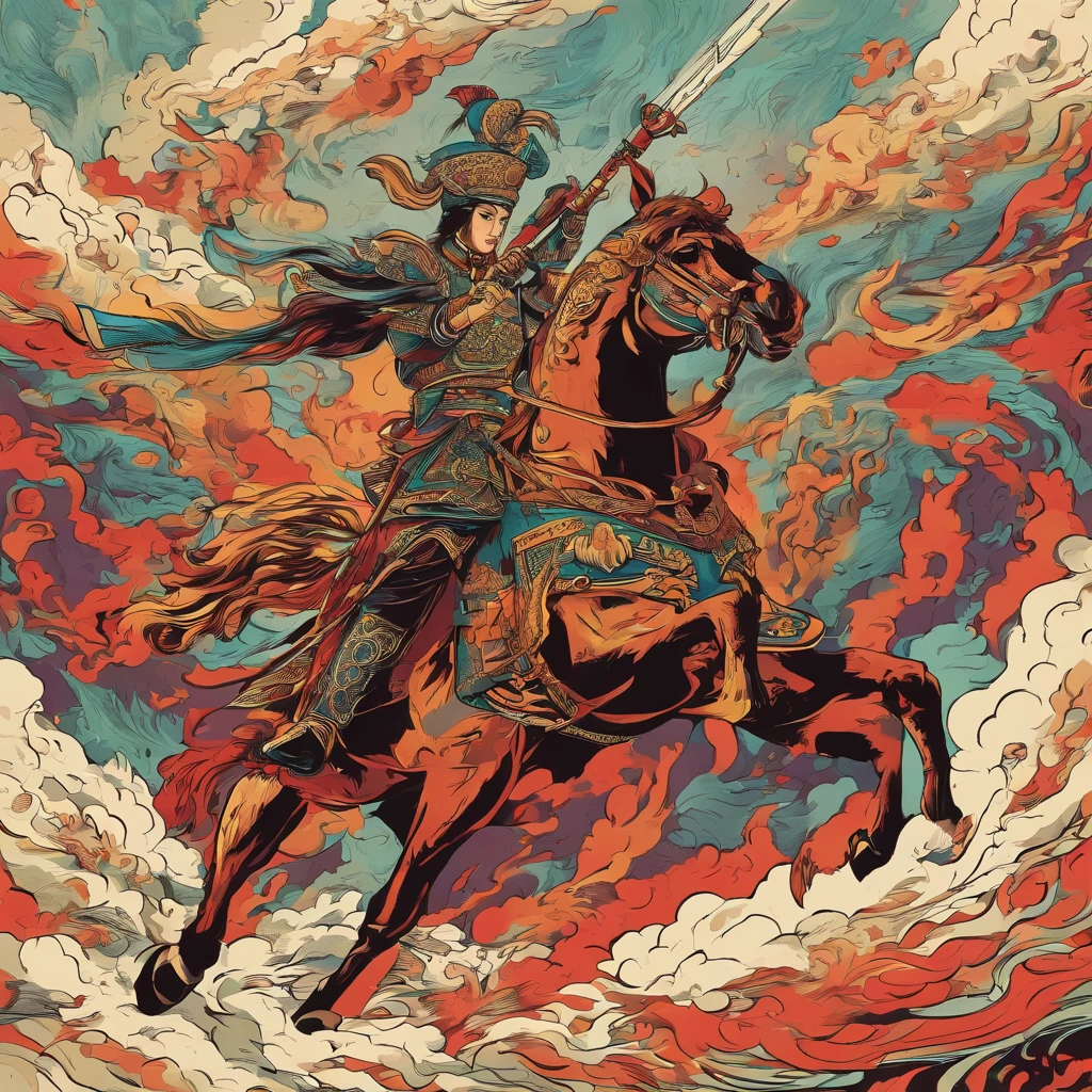 Ancient generals rode horses , Delicate facial features are powerful , Surrounded by flames , wielding a long halberd , surrounded by aura , Splash , ultra-wide-angle , High perspective , Looking up , Cinema lenses , dynamic movements , Expressive , Vivid , Vivid , Vivid , Amazing epic ancient Chinese theme , Virtual vs. real , Chiaroscuro , Surrounded by smoke , Thick coated acrylic illustration , Hand drawn illustration anime sketch hand drawn style Clean line art