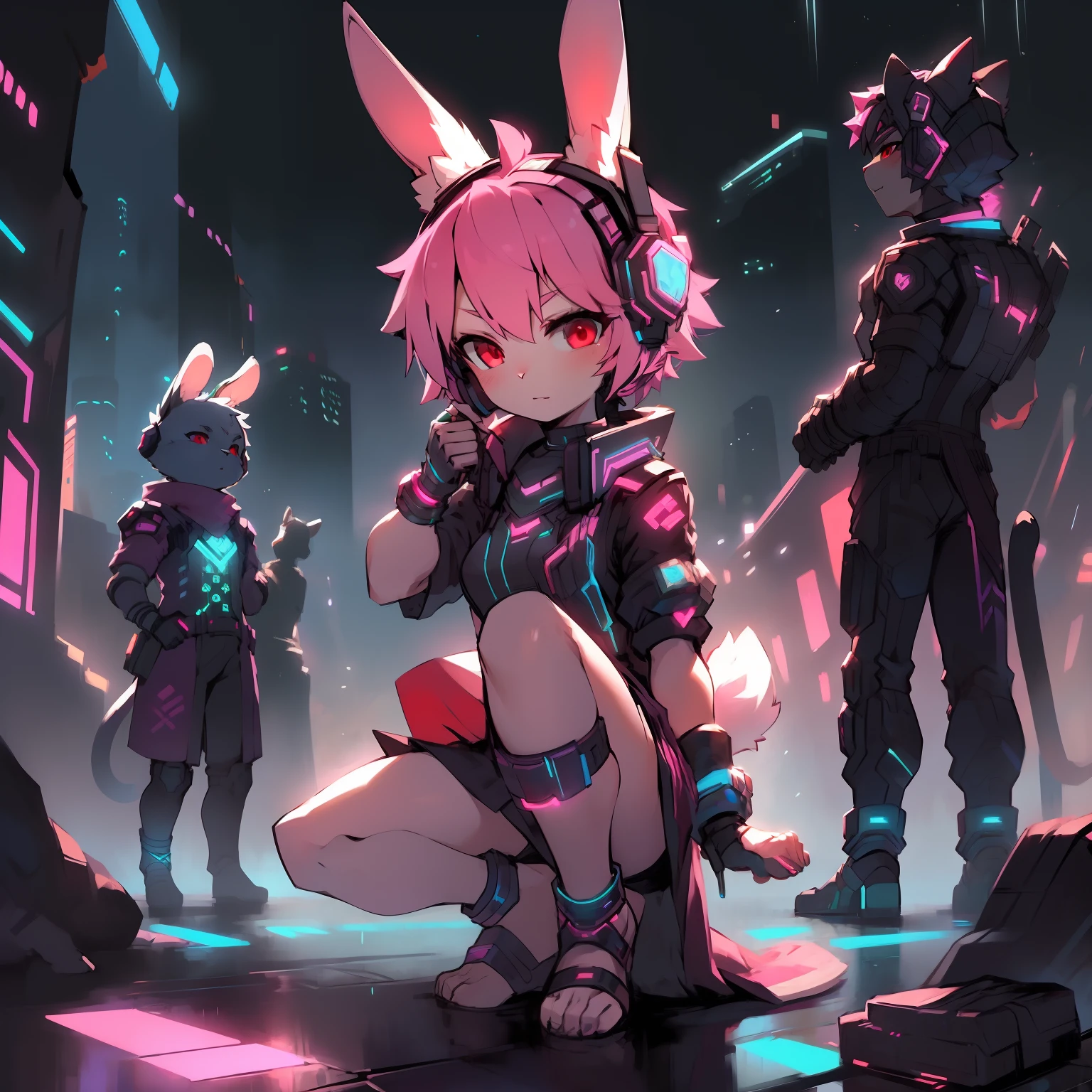 Best Quality,masutepiece,comic strip,cyberpunk outfits,,Cyberpunk girl wearing cat-eared headphones,anklets,((Pink hair,Features of rabbit eared headphones,cyber punk Girl,erect ears)),red eyes,(bunny tail),Light steppe