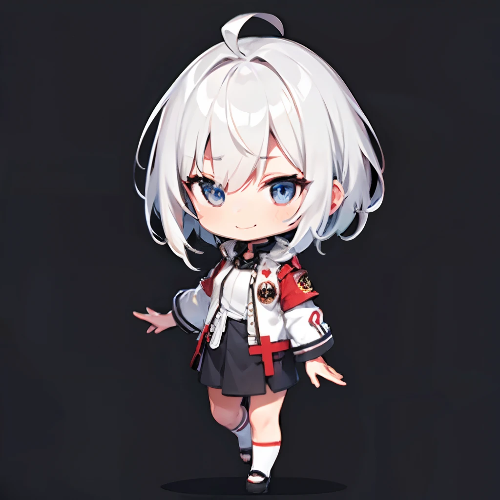 超A high resolution, Best aesthetic, Top quality depiction of the foot, Put on a medic  jacket,  Flat Avatar,  Anime visuals of cute girls, Cute art style, Chibi,  White hair、Shorthair, Ahoge, is expressive, A smile, hair adornments drawing on paper,  simple background, 耳环, jewely, side locks, large oval eyes,