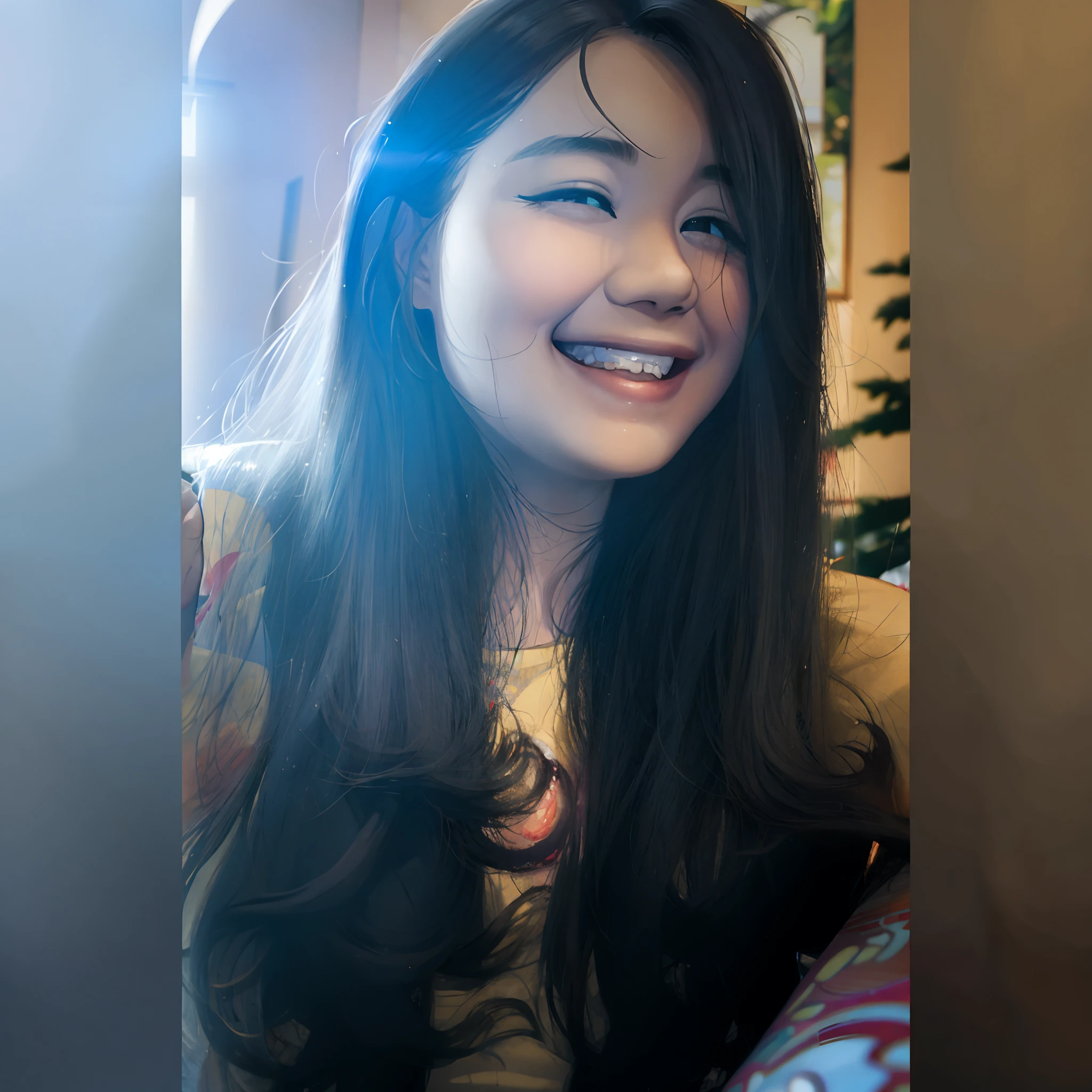 there is a woman smiling and holding a cell phone in her hand, she is smiling and happy, she is smiling and excited, she is smiling, with a beautifull smile, slight cute smile, with long hair, cindy avelino, grinning lasciviously, big smile on her face, asian girl with long hair, beautiful and smiling, she expressing joy