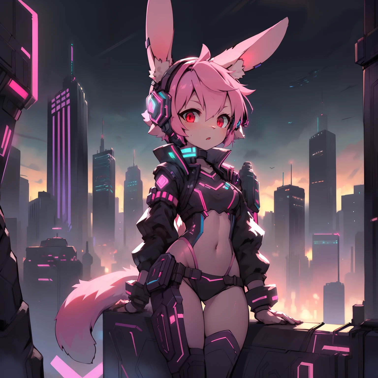 Best Quality，masutepiece，comic strip，cyberpunk outfits，，Cyberpunk girl wearing cat-eared headphones，anklets，((Pink hair，Features of rabbit eared headphones，cyber punk Girl，erect ears))，red eyes，（bunny tail），Cities of the near future、