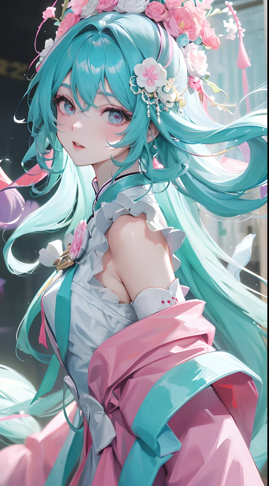 Chinese women's wedding,long whitr hair,Dark cyan and white,chinapunk,in the style of anime aesthetic,in Pink and white,Beautuful Women,best qualtiy,super detailing,Good atmosphere,delicated,cg render,detail render,(Delicate facial portrayal)(Fine hair portrayal)(highest quality)(Master masterpieces)(High degree of completion)(a sense of atmosphere)8k wallpaper,tmasterpiece,ultra - detailed(half-body portrait)