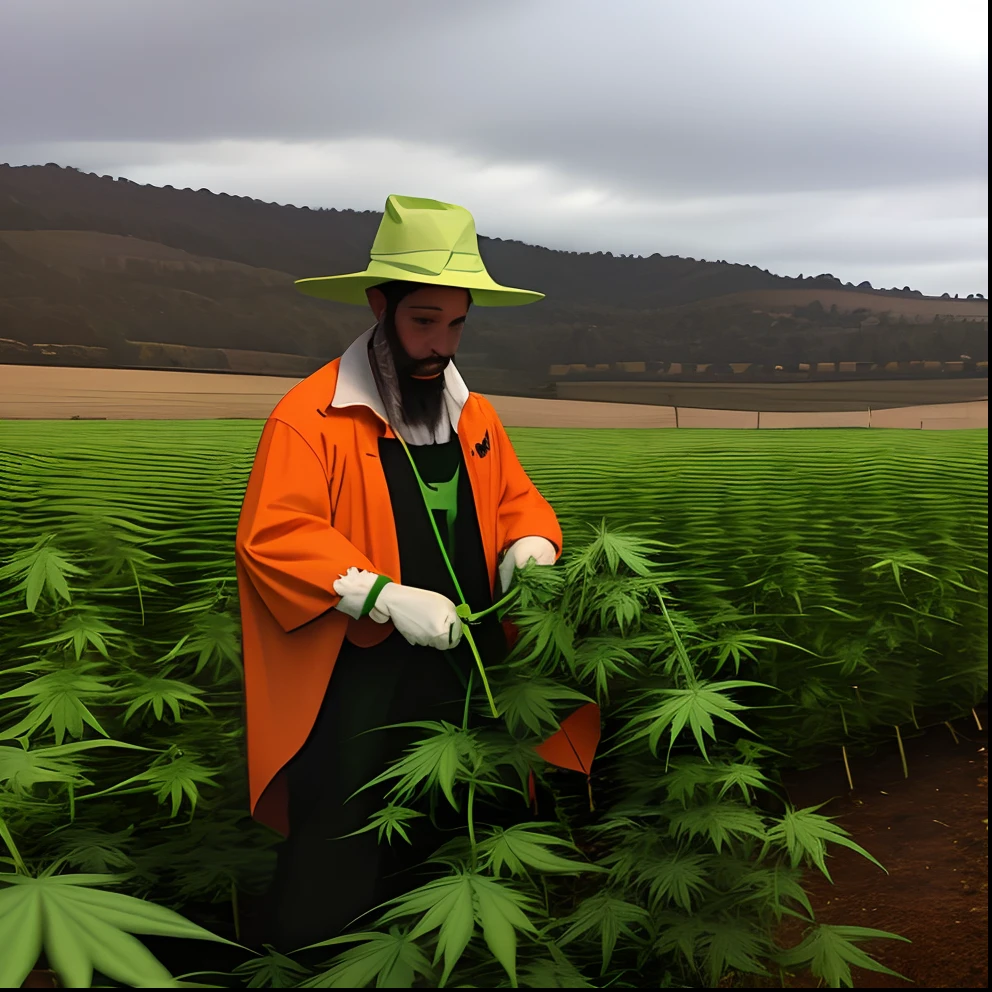 A cannabis farmer trimming weed in a Halloween costume