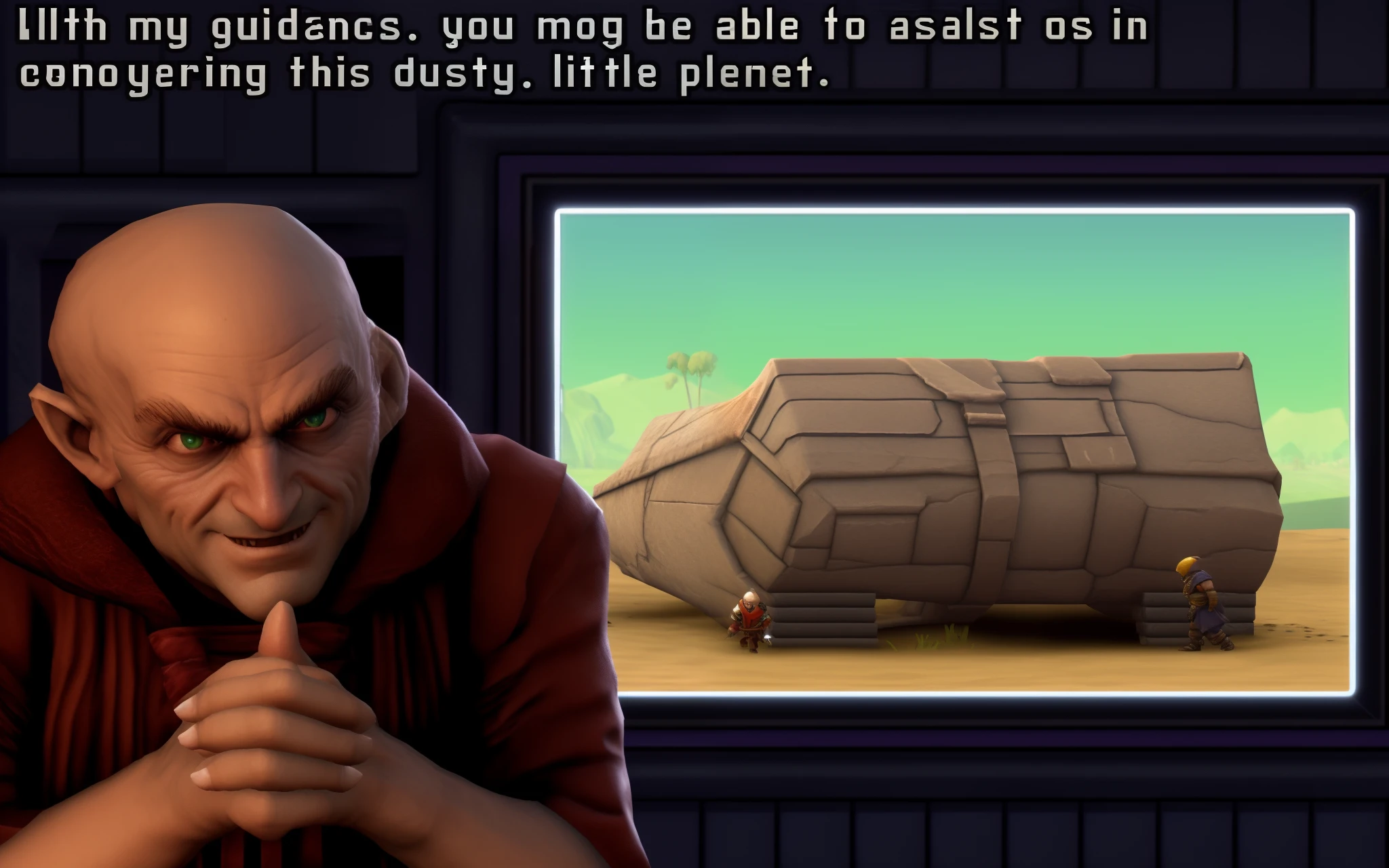 bald ugly man with big nose, thick big curly black eyebrows, red monk robe, evil smile, (detailed hands, detailed fingers:1.5), villian face, video game cutscene, in an arena in dune 2021, cutscene, jodorwoski's dune, 1991 video game screenshot, 1988 video game screenshot, 1990 video game screenshot, 1993 video game screenshot