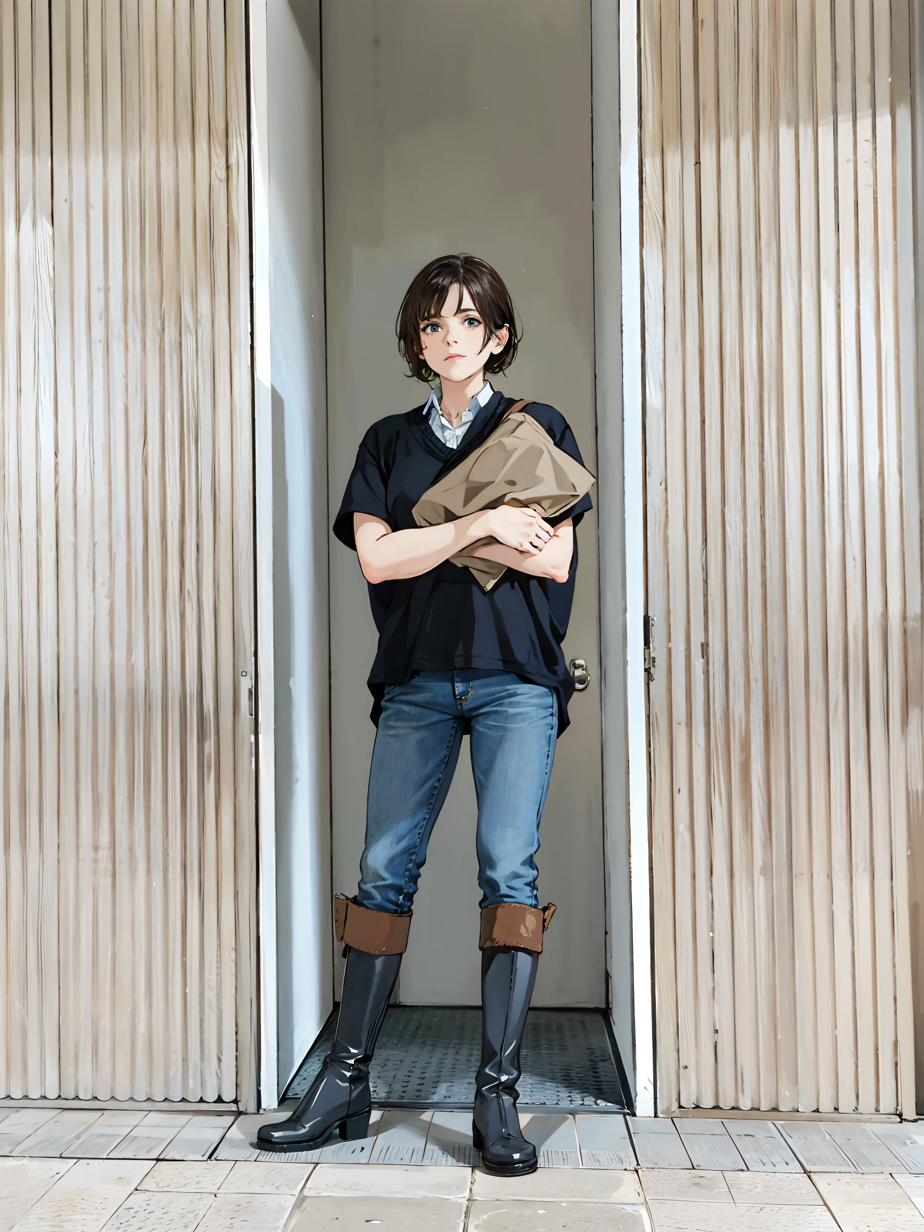 Woman standing in front of door in boots,